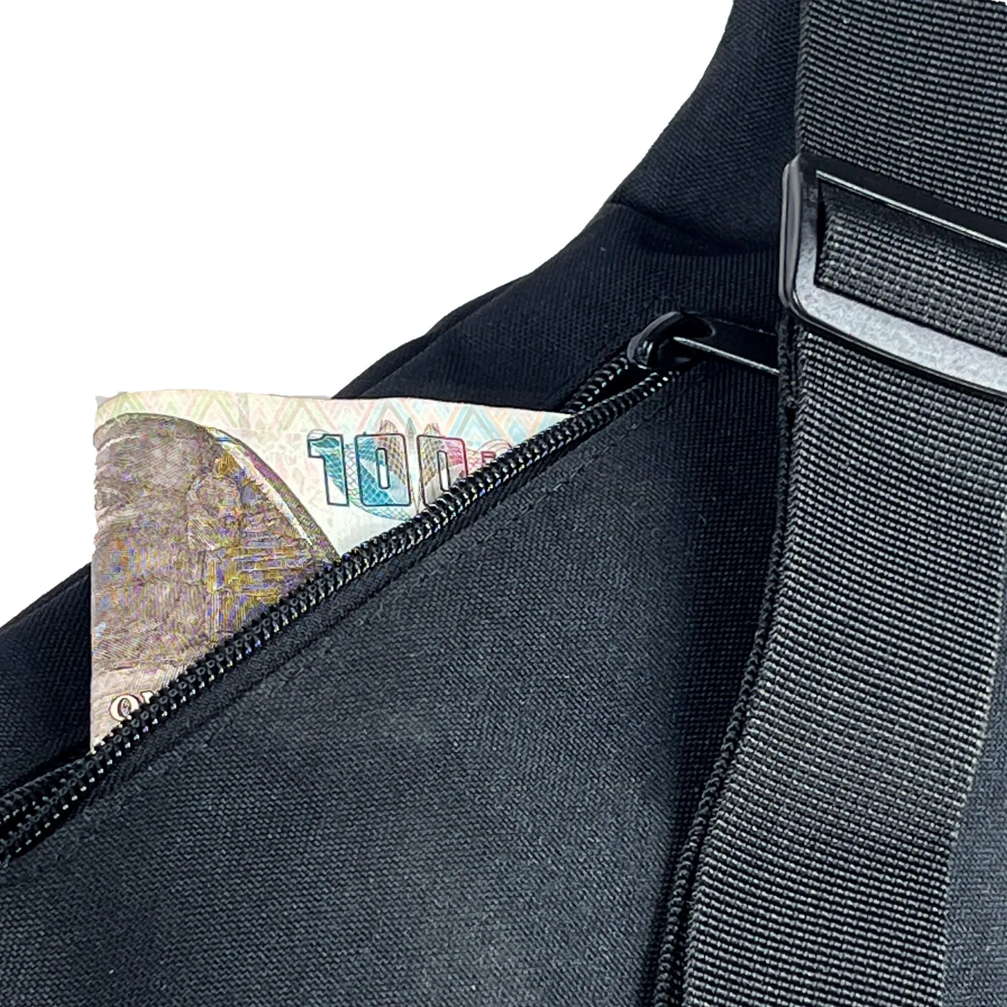 شنطة كروس وسط بيهايف مع مخرج للسماعات وخاصية سيف كود - اسود 