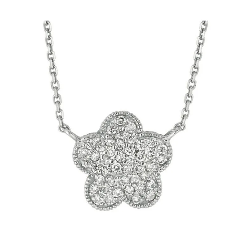 0.40 Carat Natural Diamond Flower Cluster Necklace 14K White Gold G SI 18 inches chain