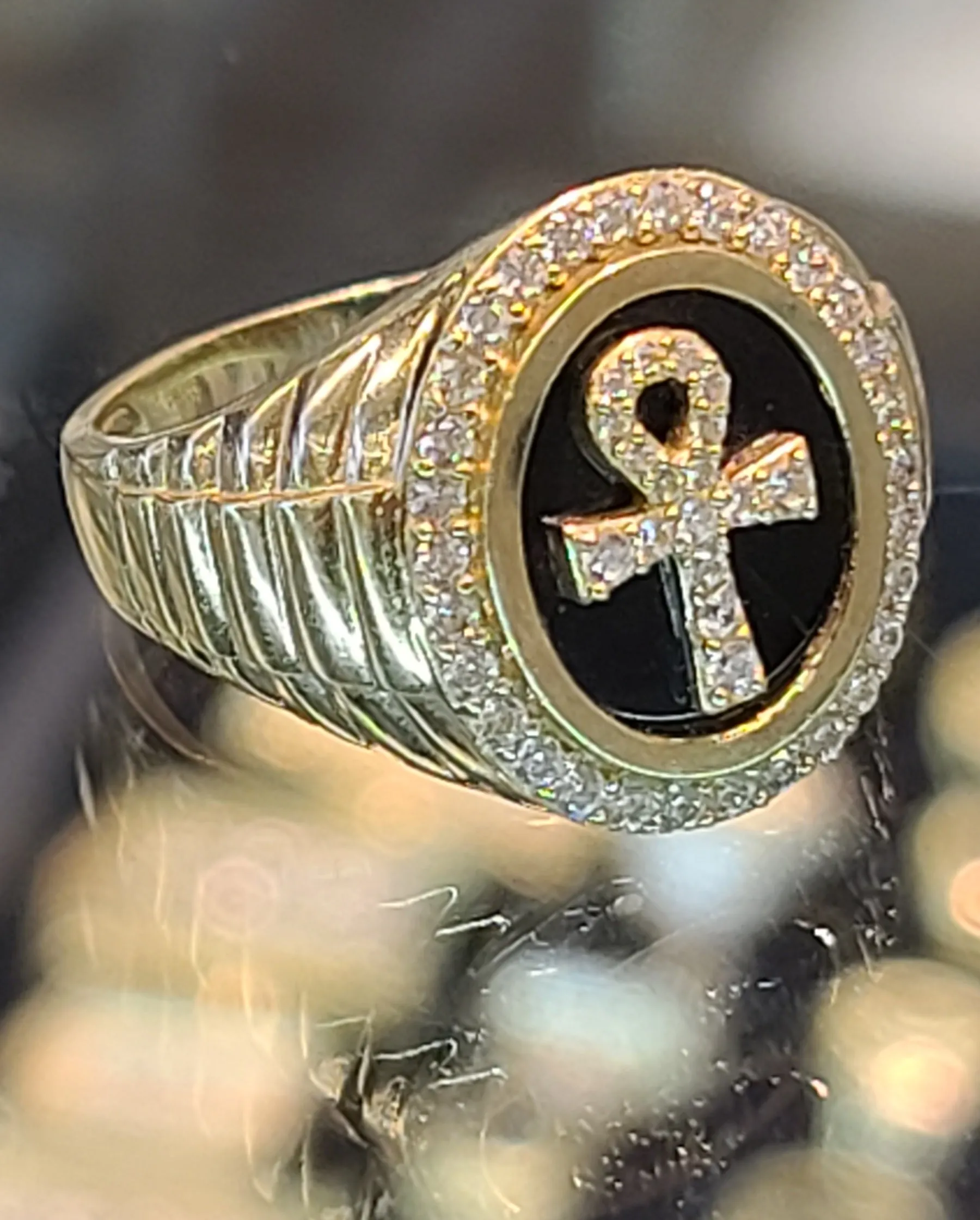 10k Yellow Gold Ring with Ankh Design and CZs