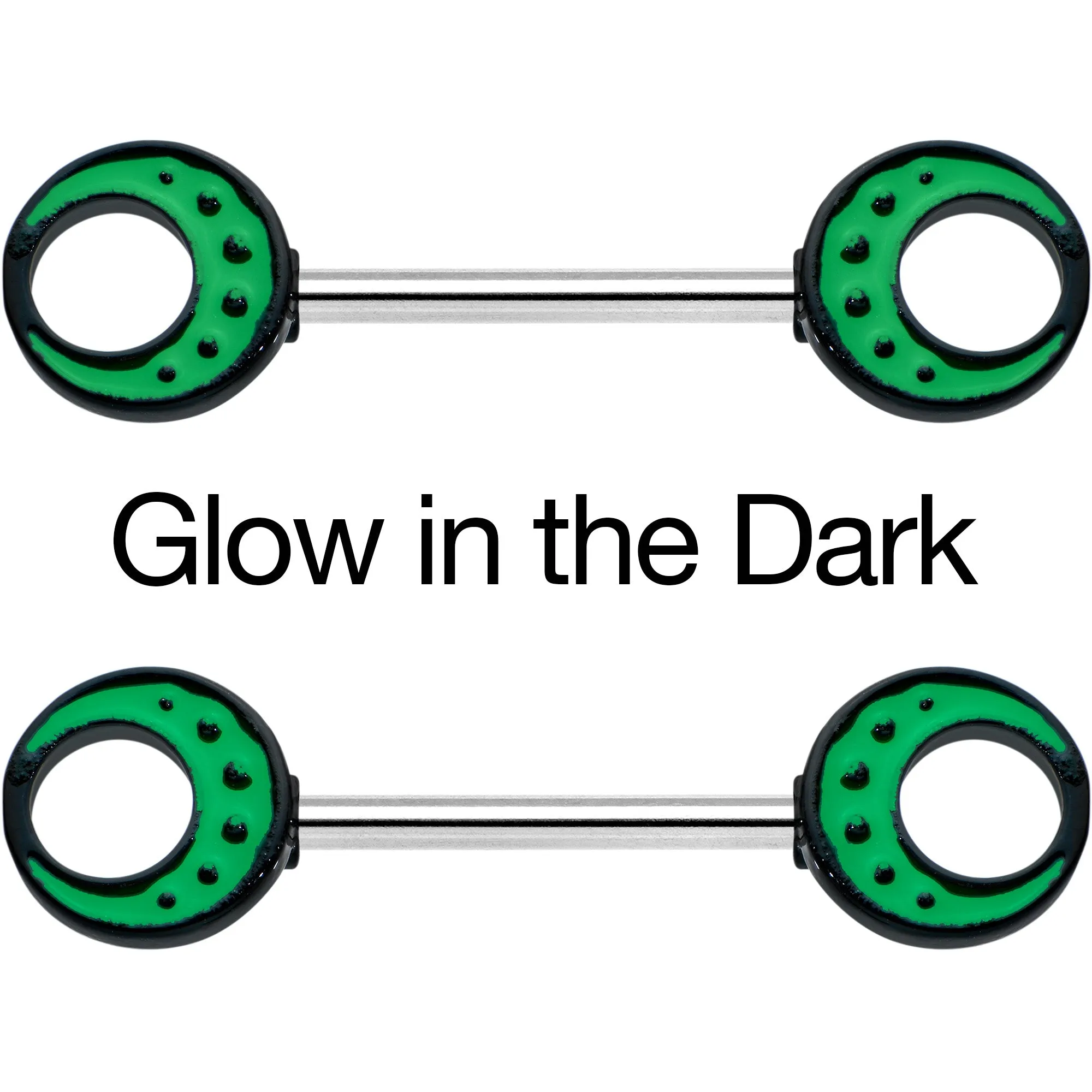 14 Gauge 9/16 Deep Green Moon Glow in the Dark Barbell Nipple Ring Set