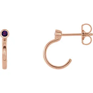 14K Rose 2 mm Round Amethyst Bezel-Set J-Hoop Earrings