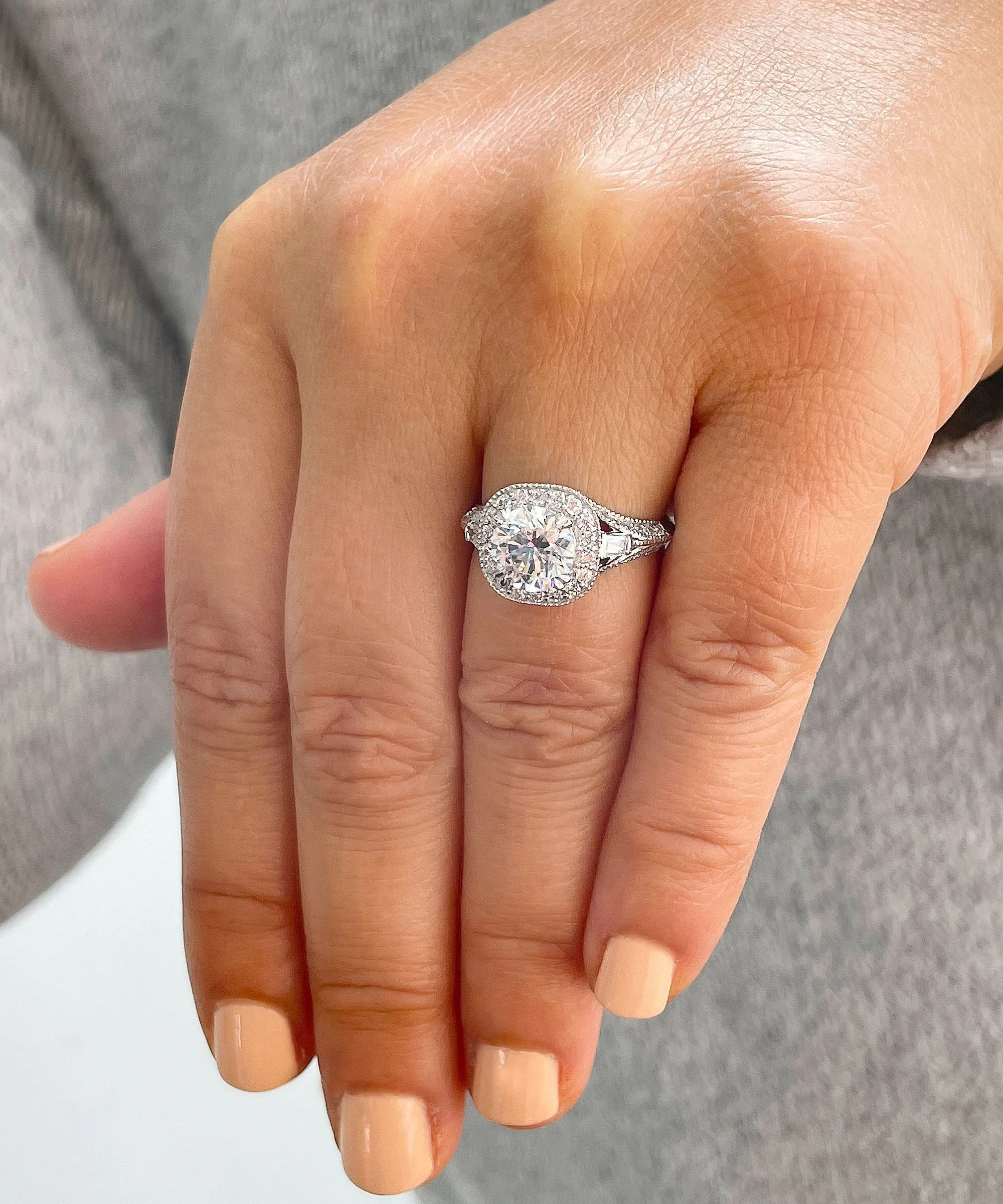 14k Solid Heavy White Gold Round And Baguettes Natural Diamonds Engagement Ring Bridal Halo 2.30ctw