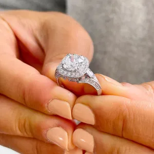 14k Solid Heavy White Gold Round And Baguettes Natural Diamonds Engagement Ring Bridal Halo 2.30ctw