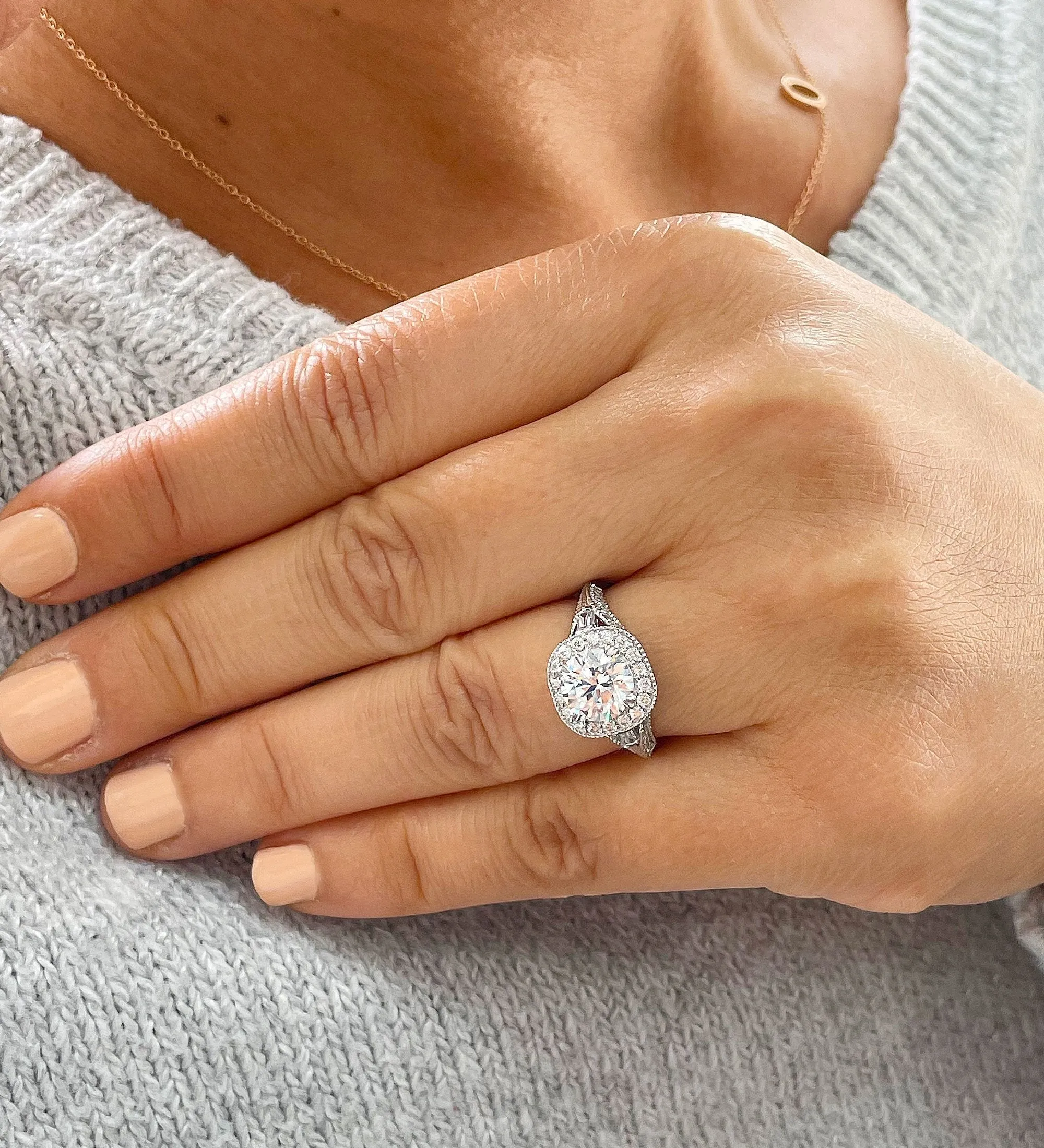 14k Solid Heavy White Gold Round And Baguettes Natural Diamonds Engagement Ring Bridal Halo 2.30ctw