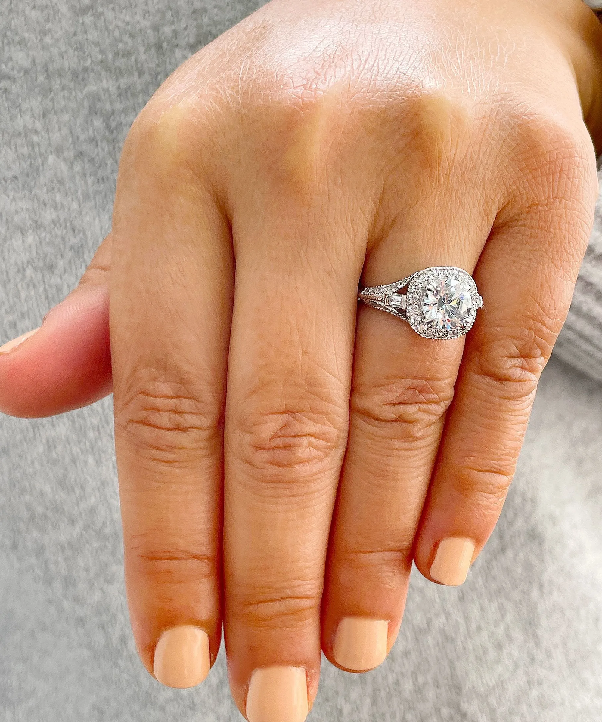 14k Solid Heavy White Gold Round And Baguettes Natural Diamonds Engagement Ring Bridal Halo 2.30ctw