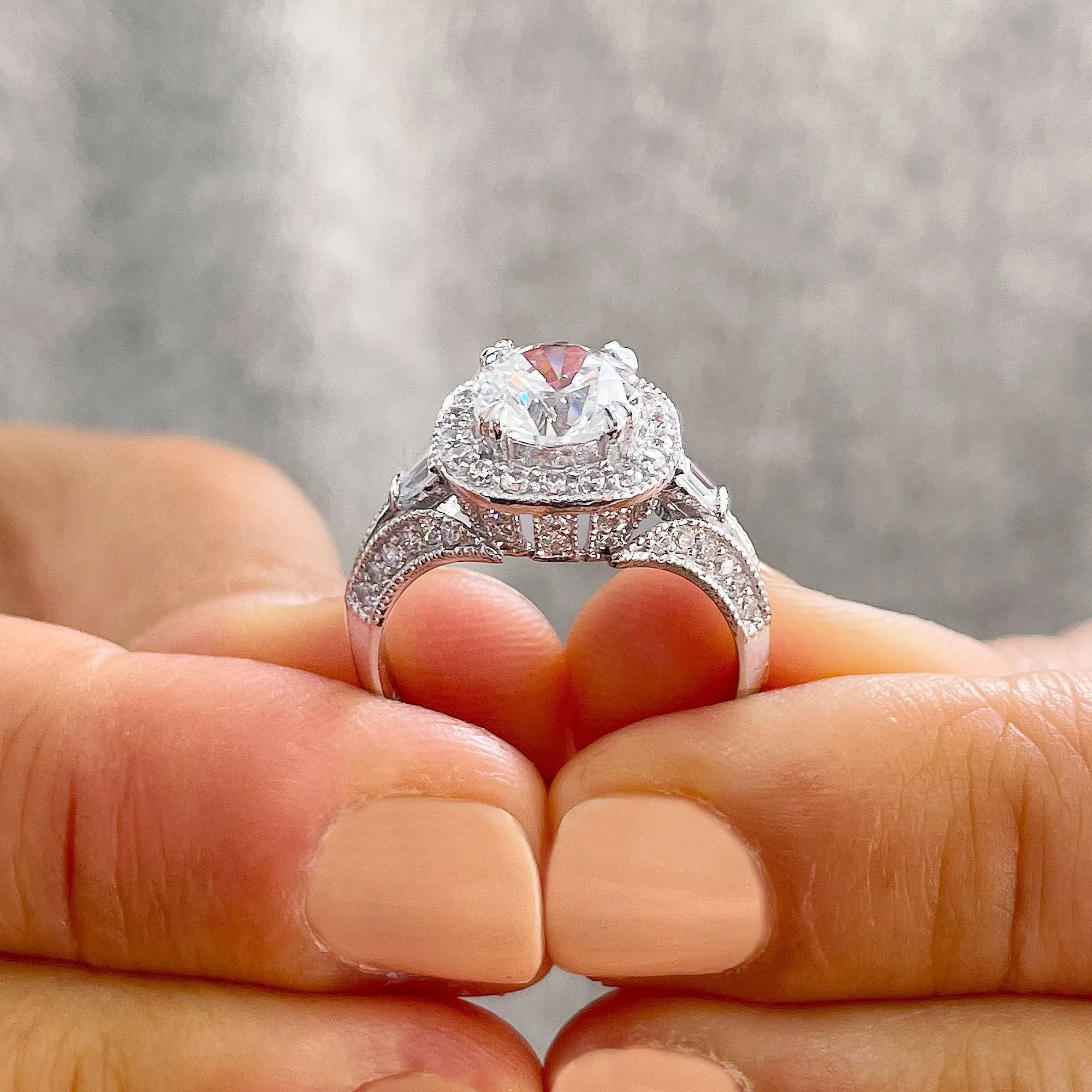 14k Solid Heavy White Gold Round And Baguettes Natural Diamonds Engagement Ring Bridal Halo 2.30ctw