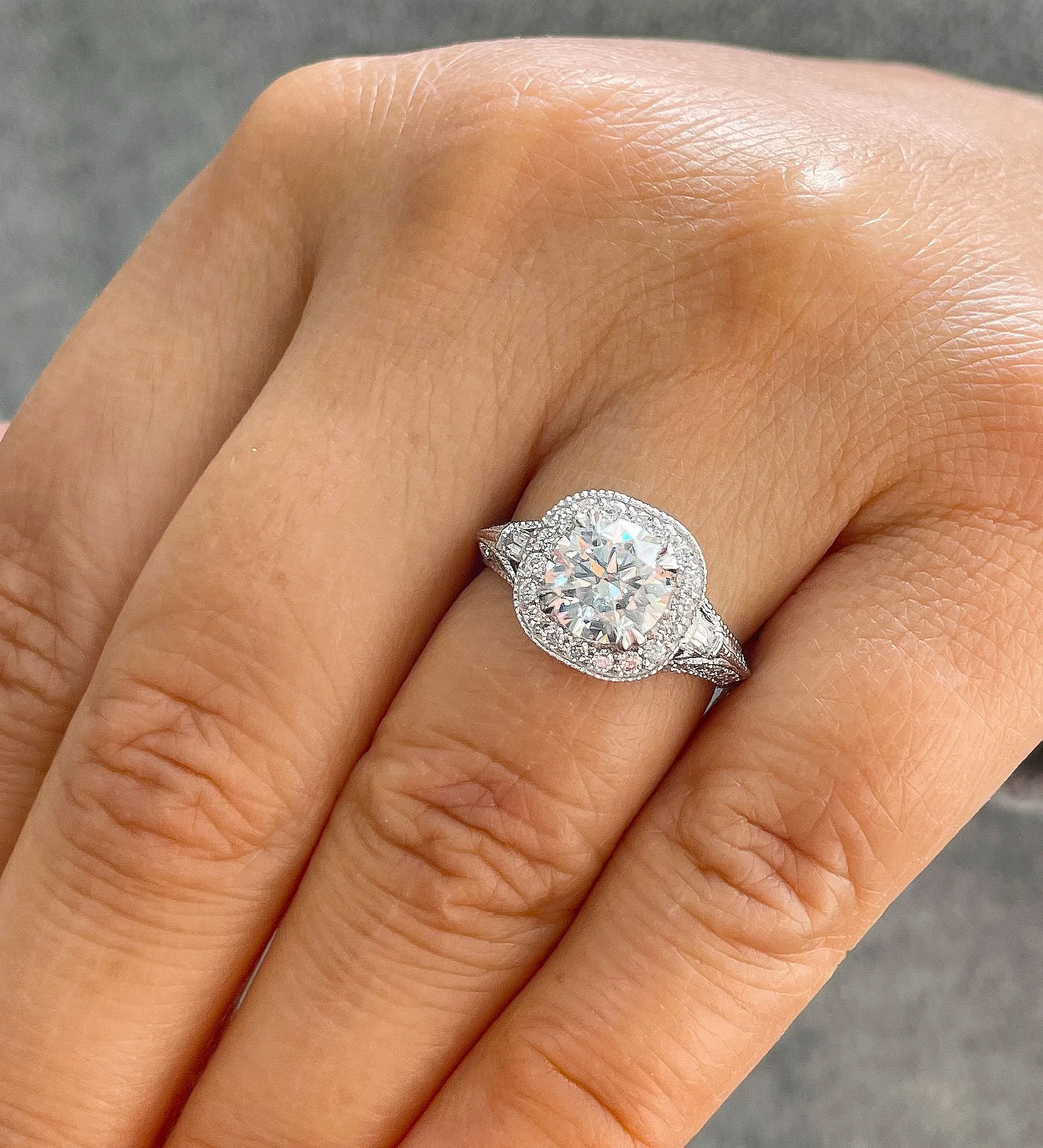 14k Solid Heavy White Gold Round And Baguettes Natural Diamonds Engagement Ring Bridal Halo 2.30ctw