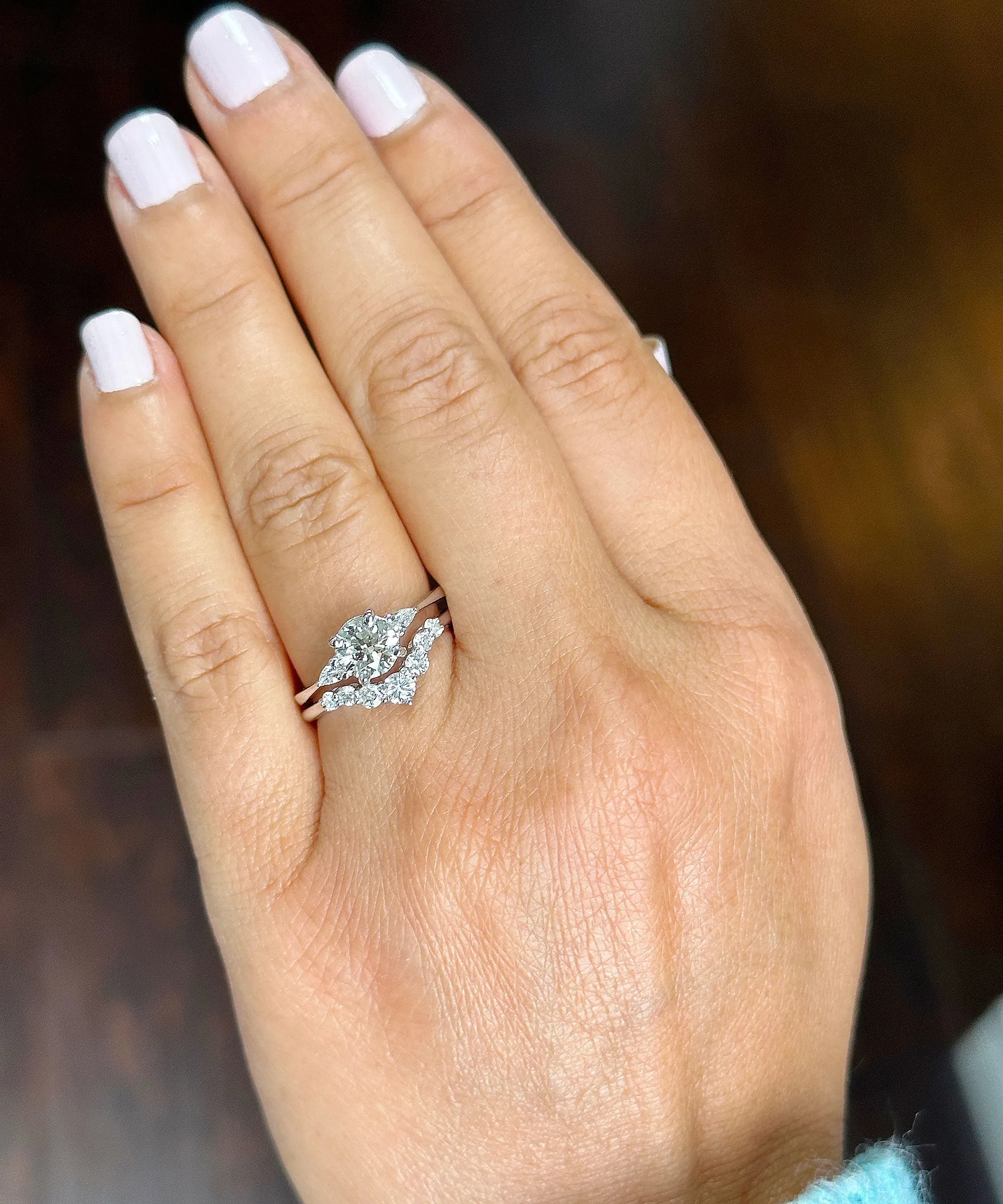 14k Solid White Gold Round And Pear Natural Diamond Engagement Ring And Band 1.90ctw