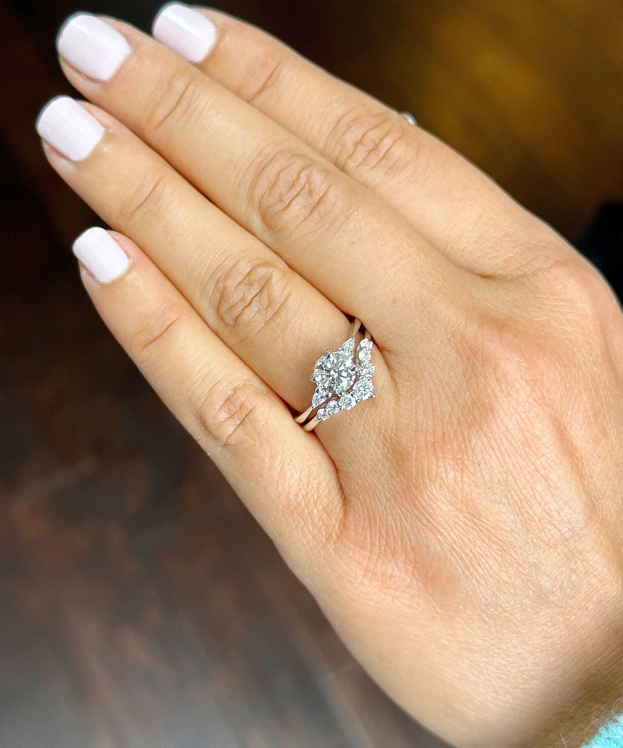 14k Solid White Gold Round And Pear Natural Diamond Engagement Ring And Band 1.90ctw