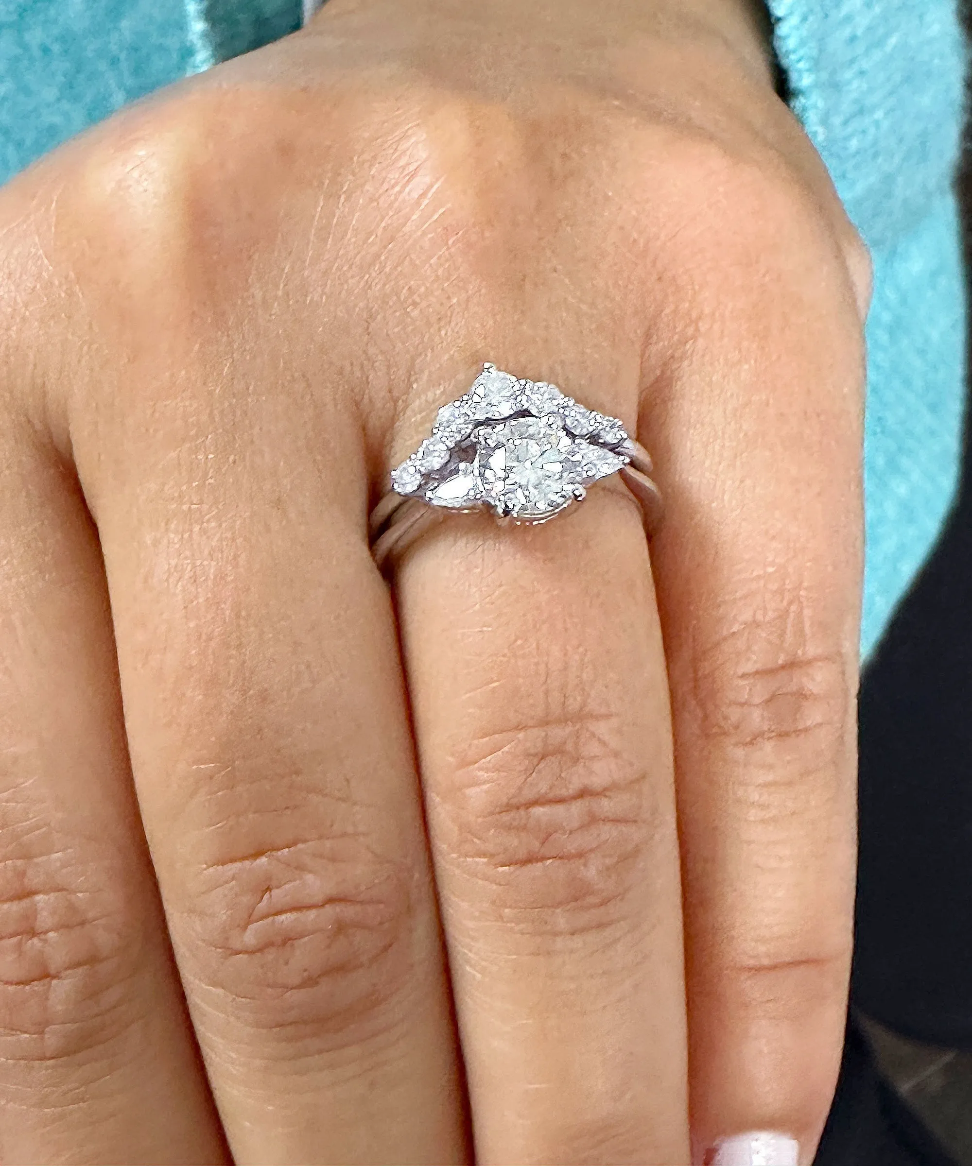 14k Solid White Gold Round And Pear Natural Diamond Engagement Ring And Band 1.90ctw