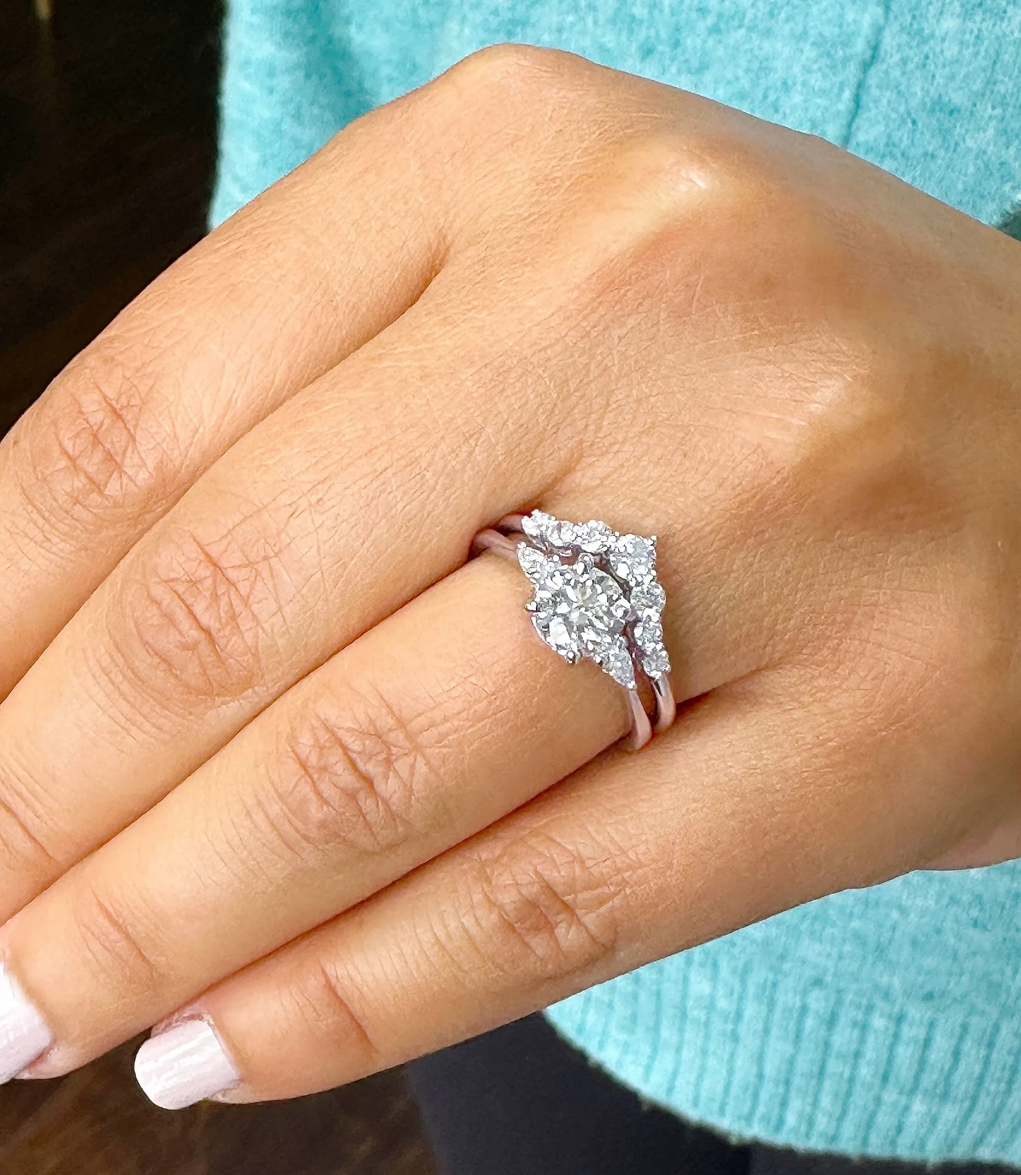 14k Solid White Gold Round And Pear Natural Diamond Engagement Ring And Band 1.90ctw