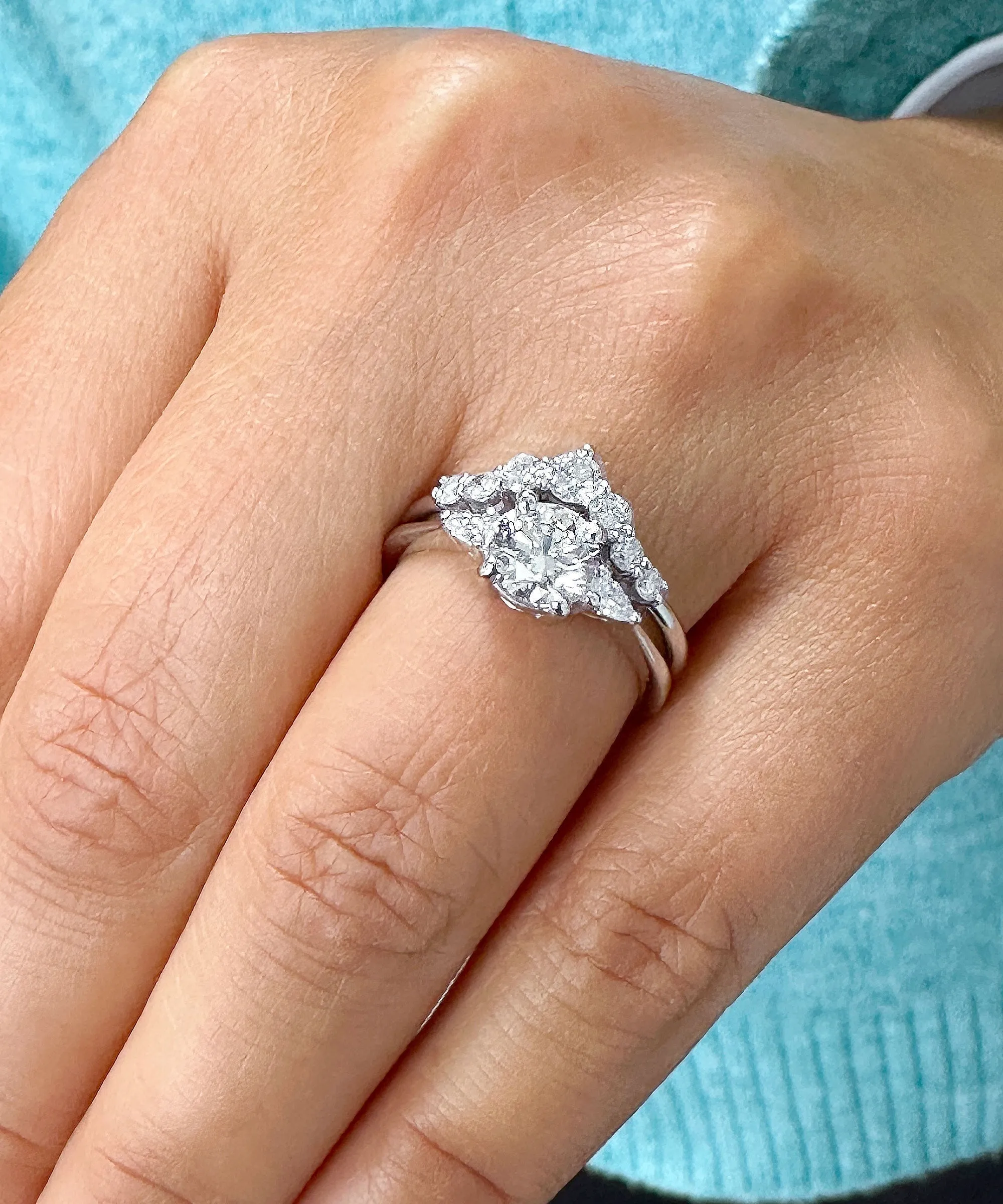 14k Solid White Gold Round And Pear Natural Diamond Engagement Ring And Band 1.90ctw