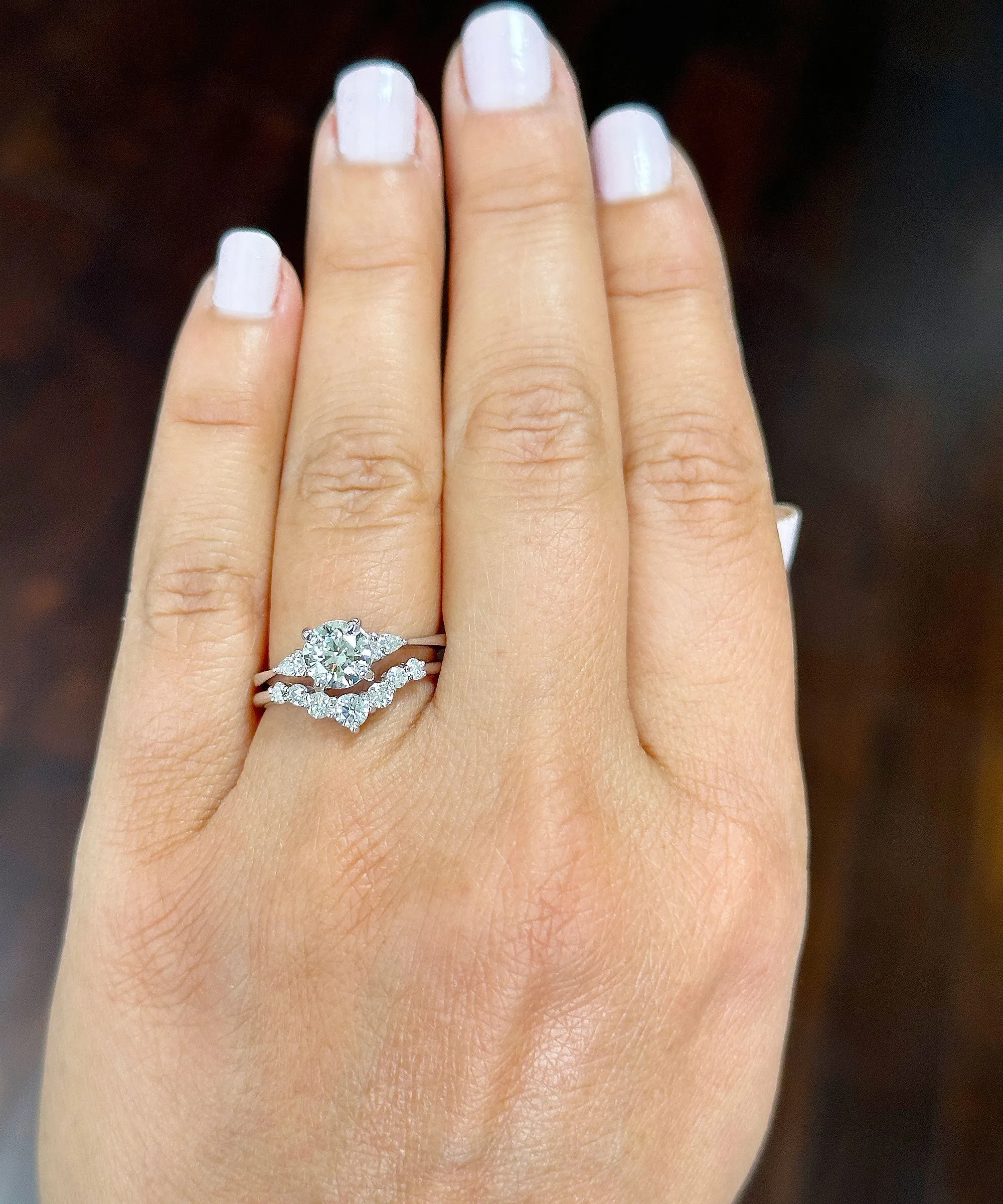 14k Solid White Gold Round And Pear Natural Diamond Engagement Ring And Band 1.90ctw