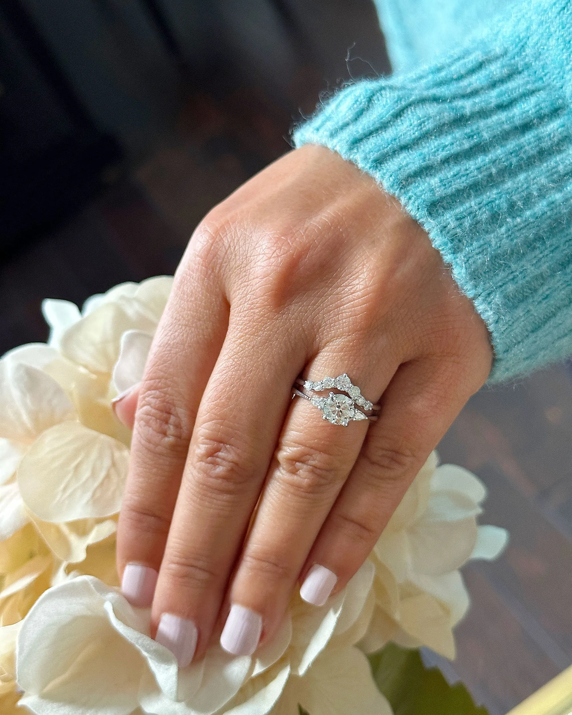 14k Solid White Gold Round And Pear Natural Diamond Engagement Ring And Band 1.90ctw
