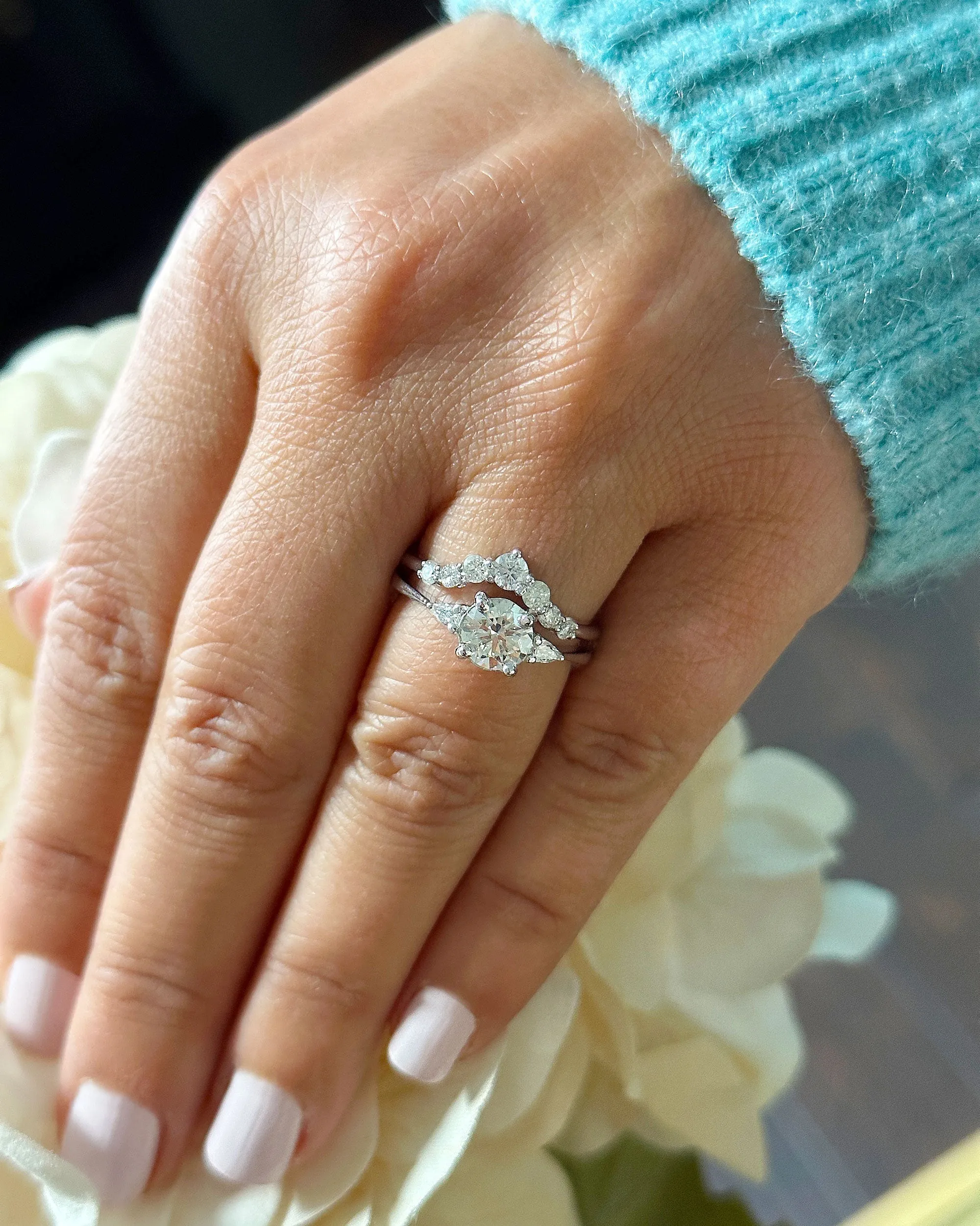 14k Solid White Gold Round And Pear Natural Diamond Engagement Ring And Band 1.90ctw