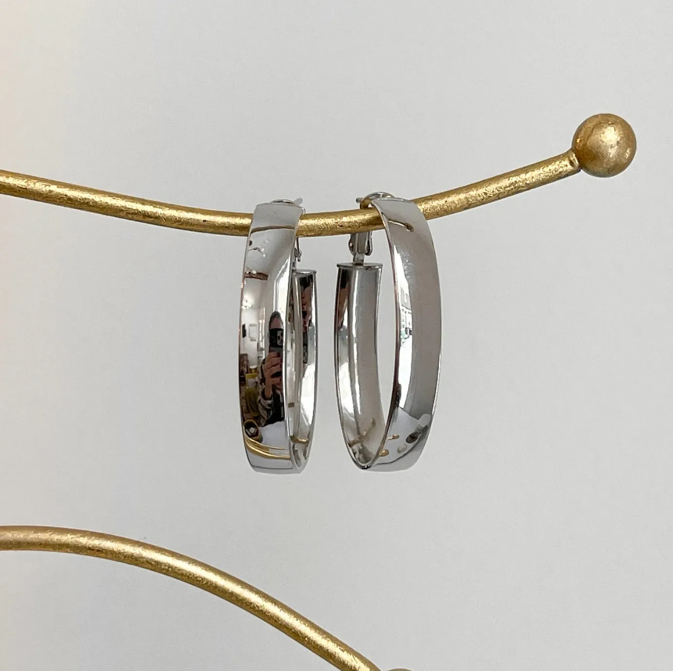 14KT White Gold 7mm Wide Tube Oval Omega Hoop Earrings 43mm