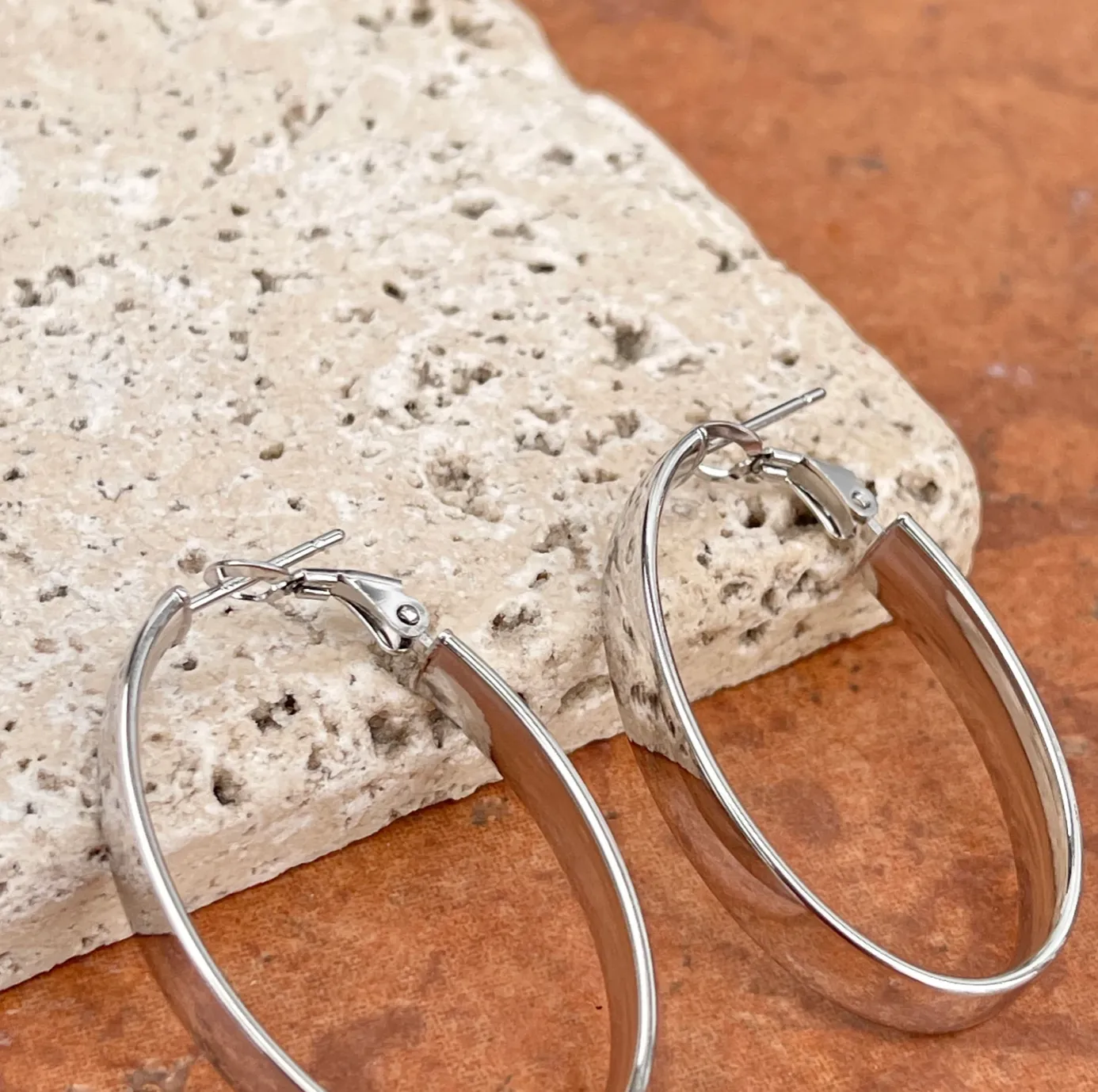 14KT White Gold 7mm Wide Tube Oval Omega Hoop Earrings 43mm