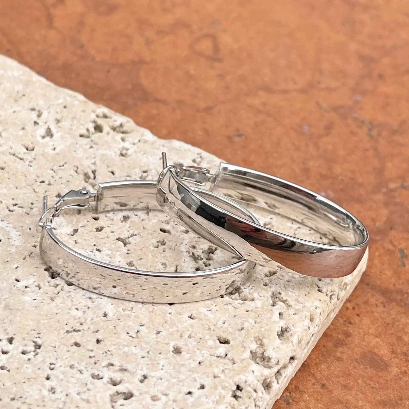 14KT White Gold 7mm Wide Tube Oval Omega Hoop Earrings 43mm