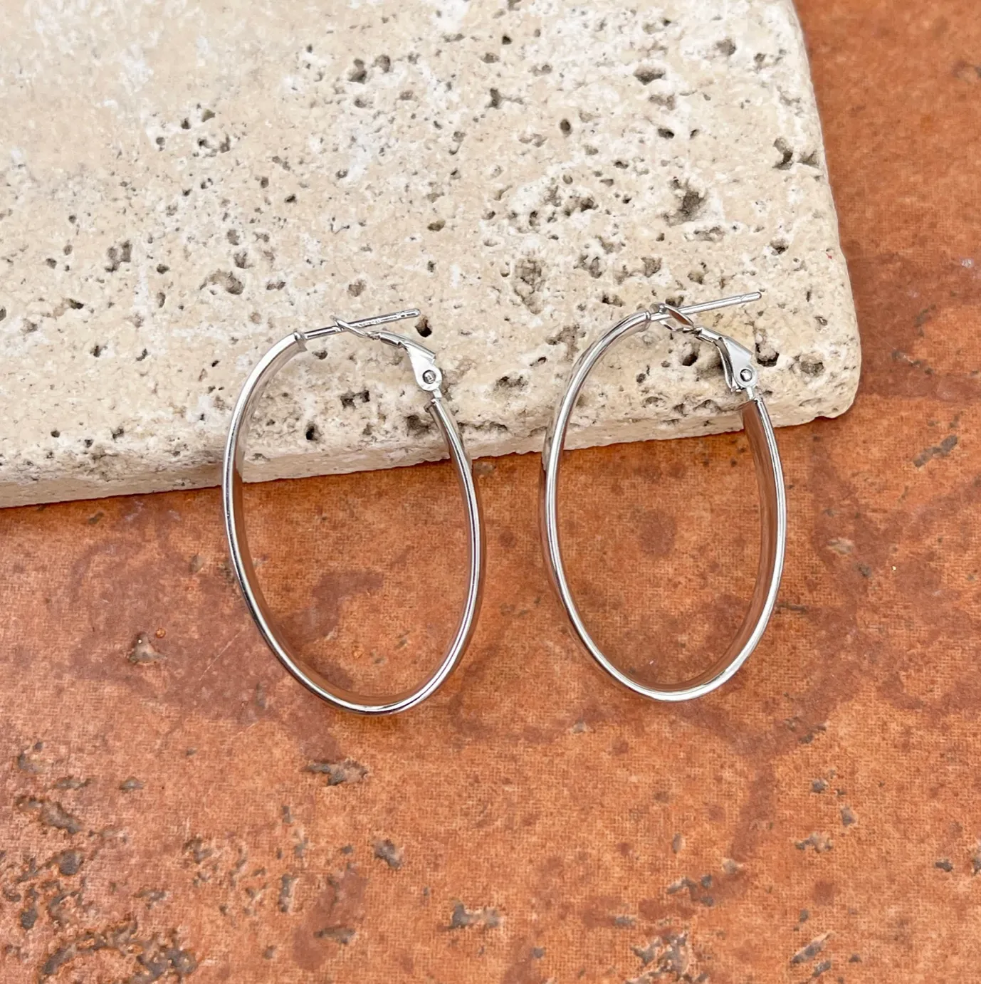 14KT White Gold 7mm Wide Tube Oval Omega Hoop Earrings 43mm