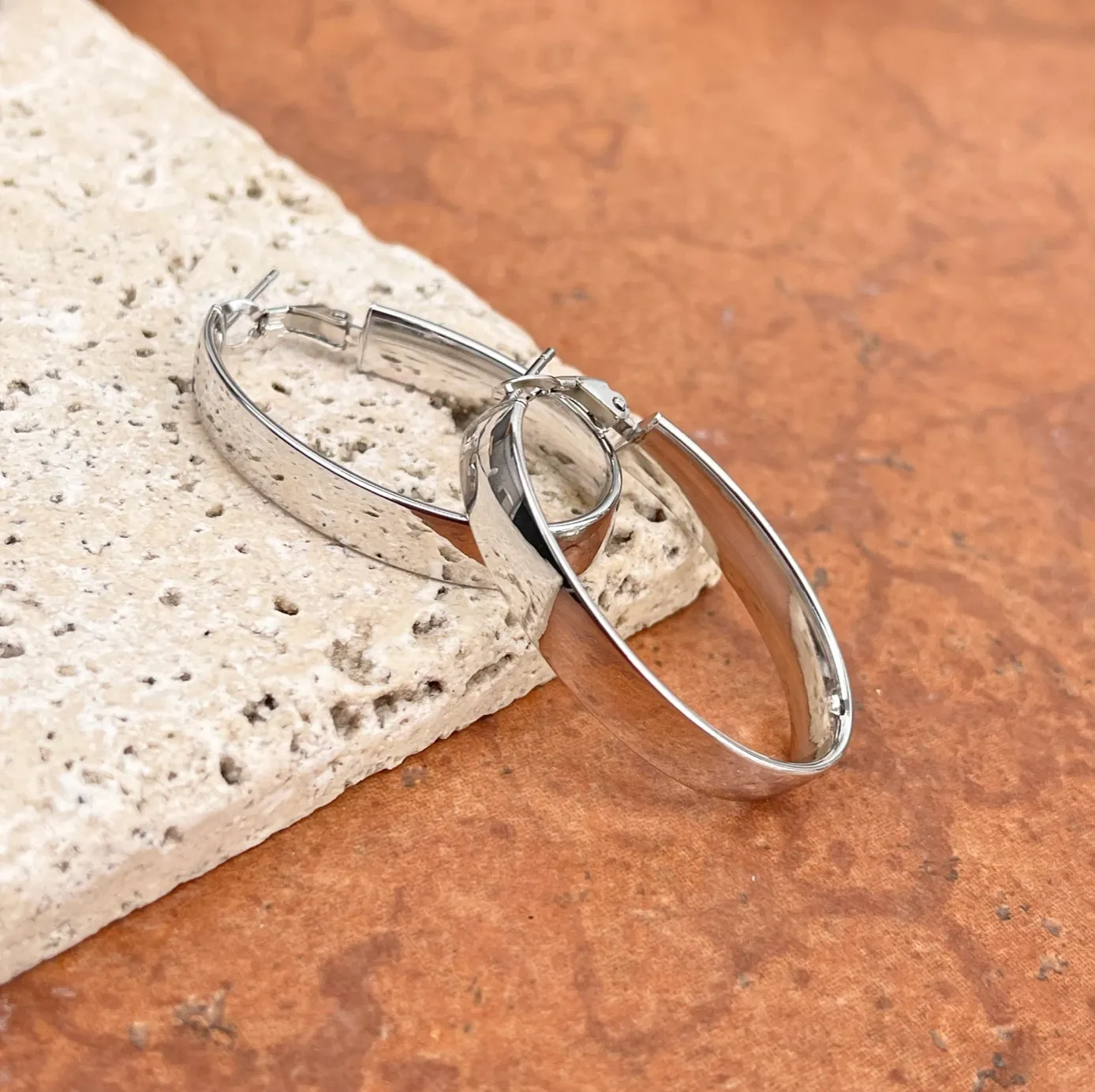 14KT White Gold 7mm Wide Tube Oval Omega Hoop Earrings 43mm