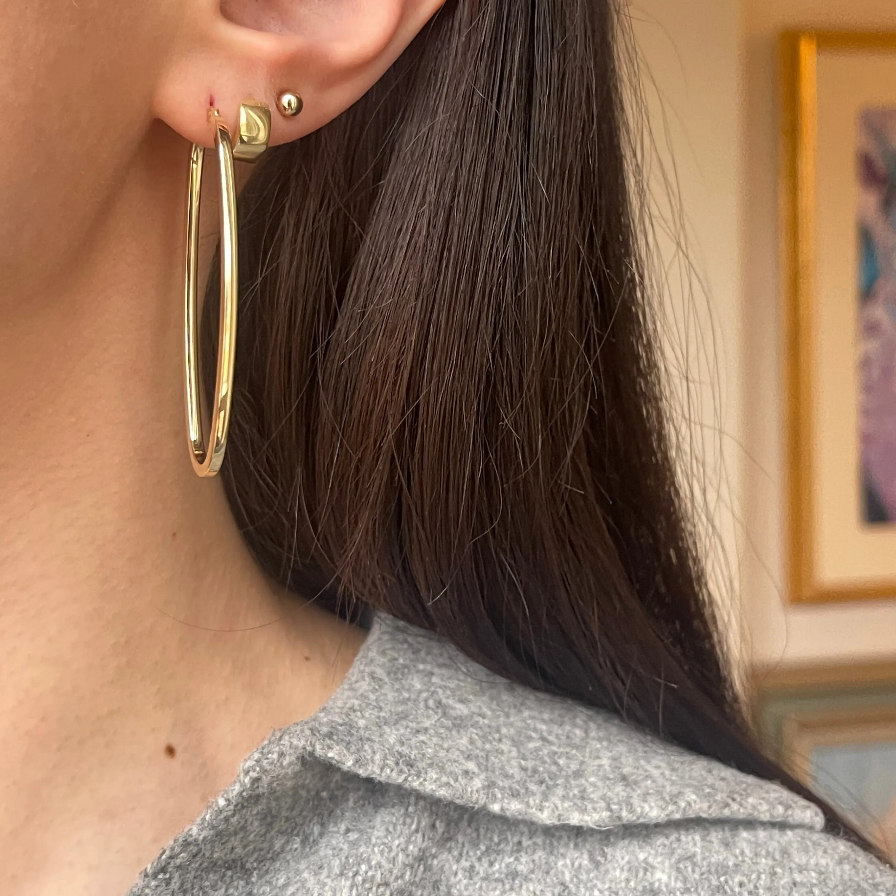 14KT Yellow Gold Squared Tube Oval Hoop Earrings 53mm