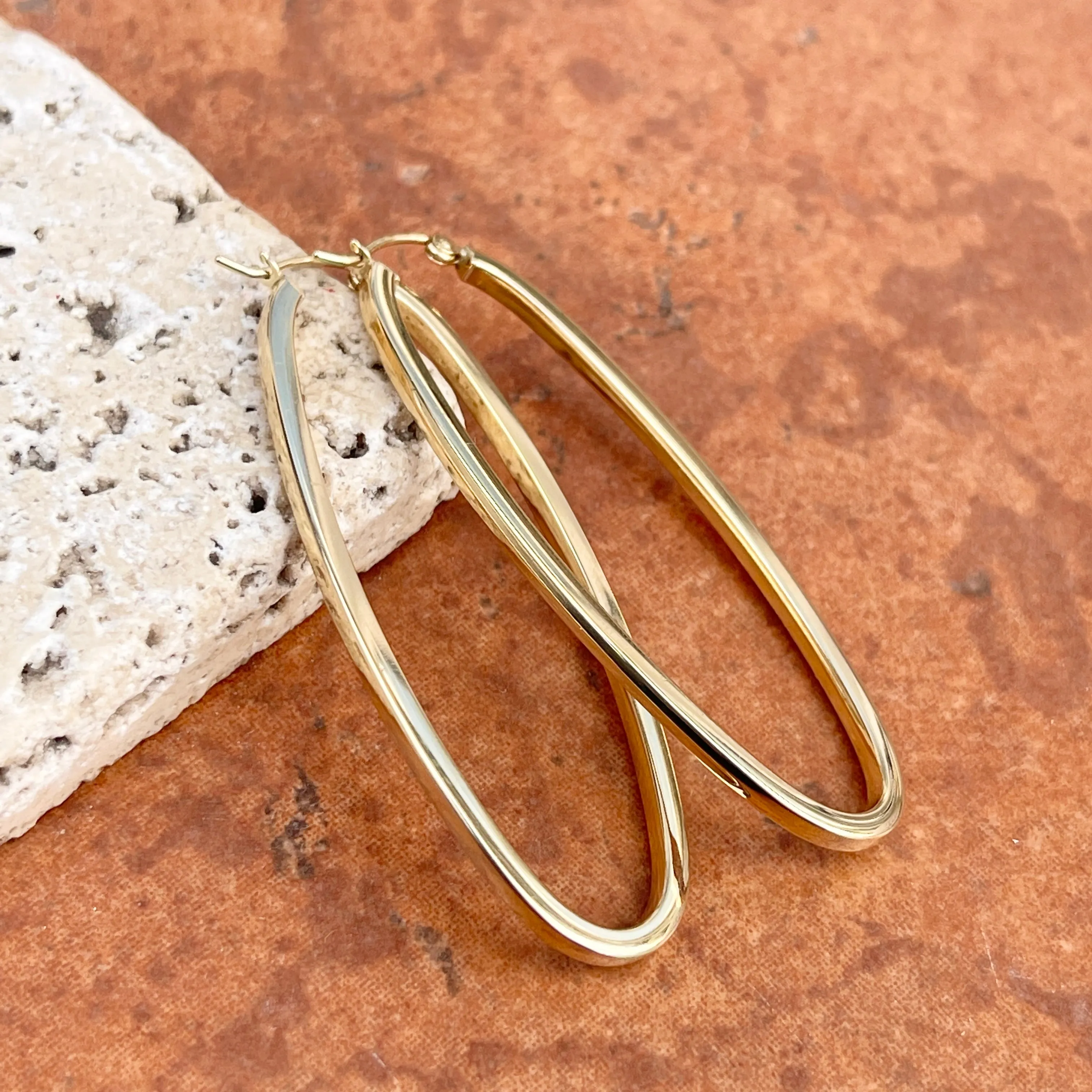 14KT Yellow Gold Squared Tube Oval Hoop Earrings 53mm