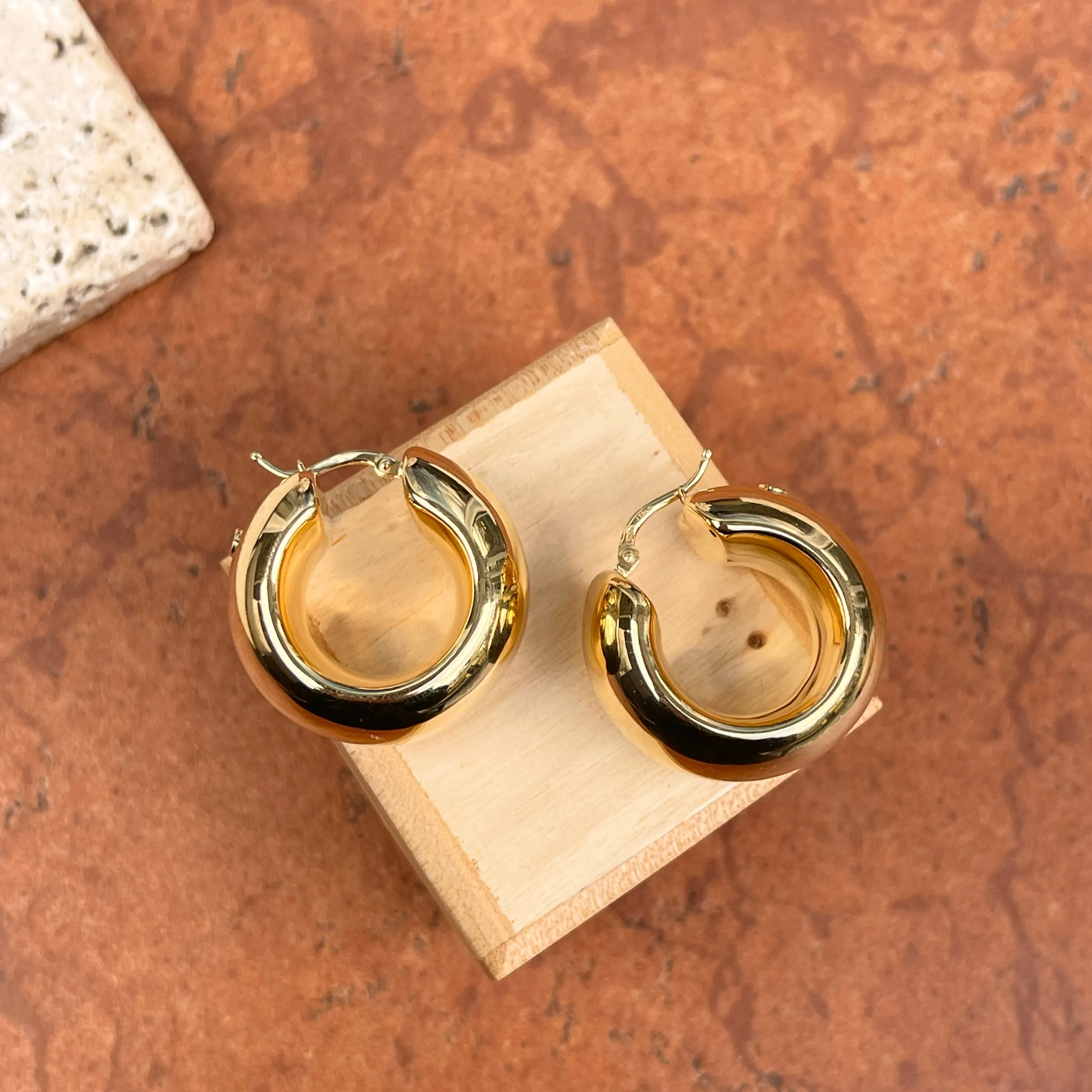 14KT Yellow Gold Wide Puffed Chunky Hoop Earrings 27mm