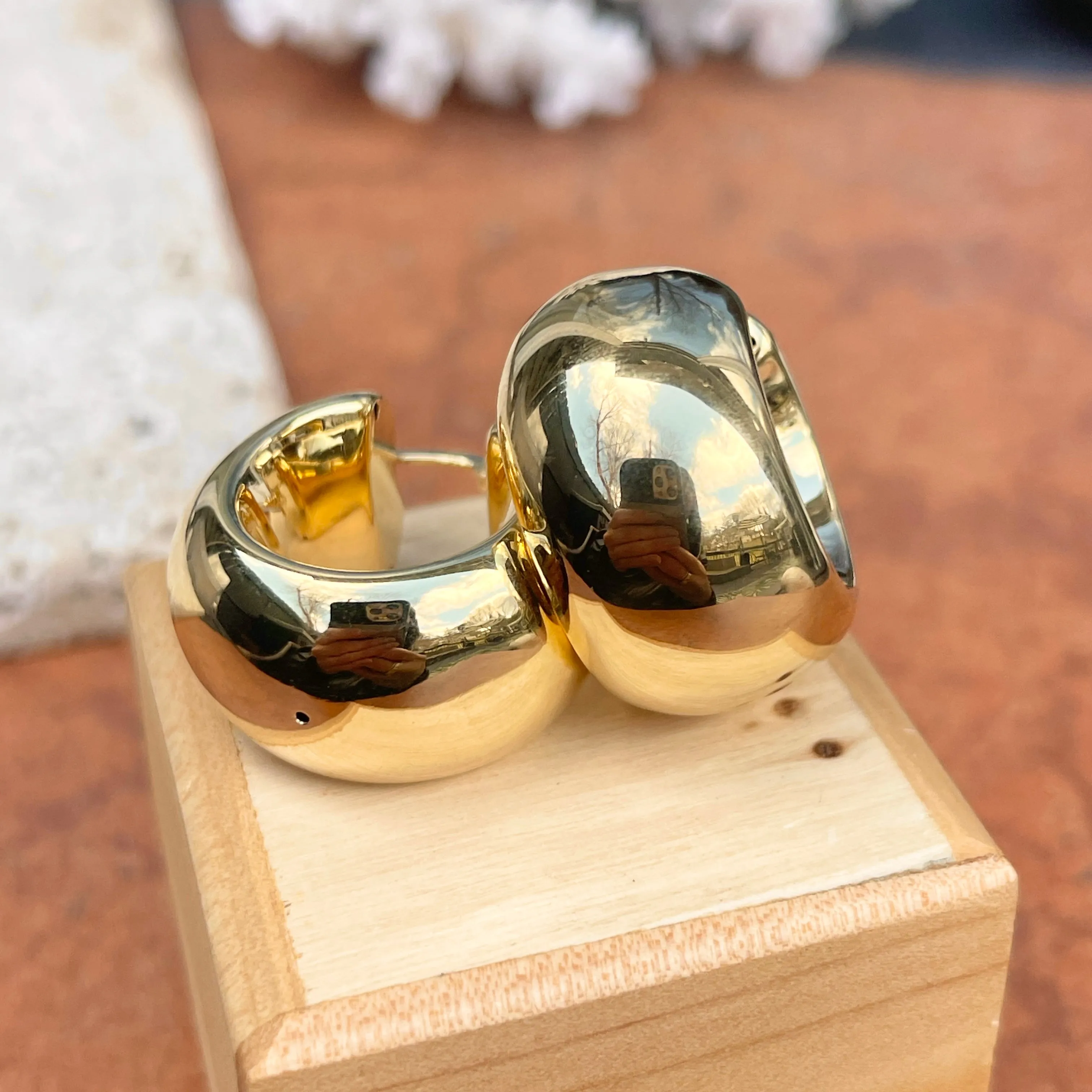 14KT Yellow Gold Wide Puffed Chunky Hoop Earrings 27mm