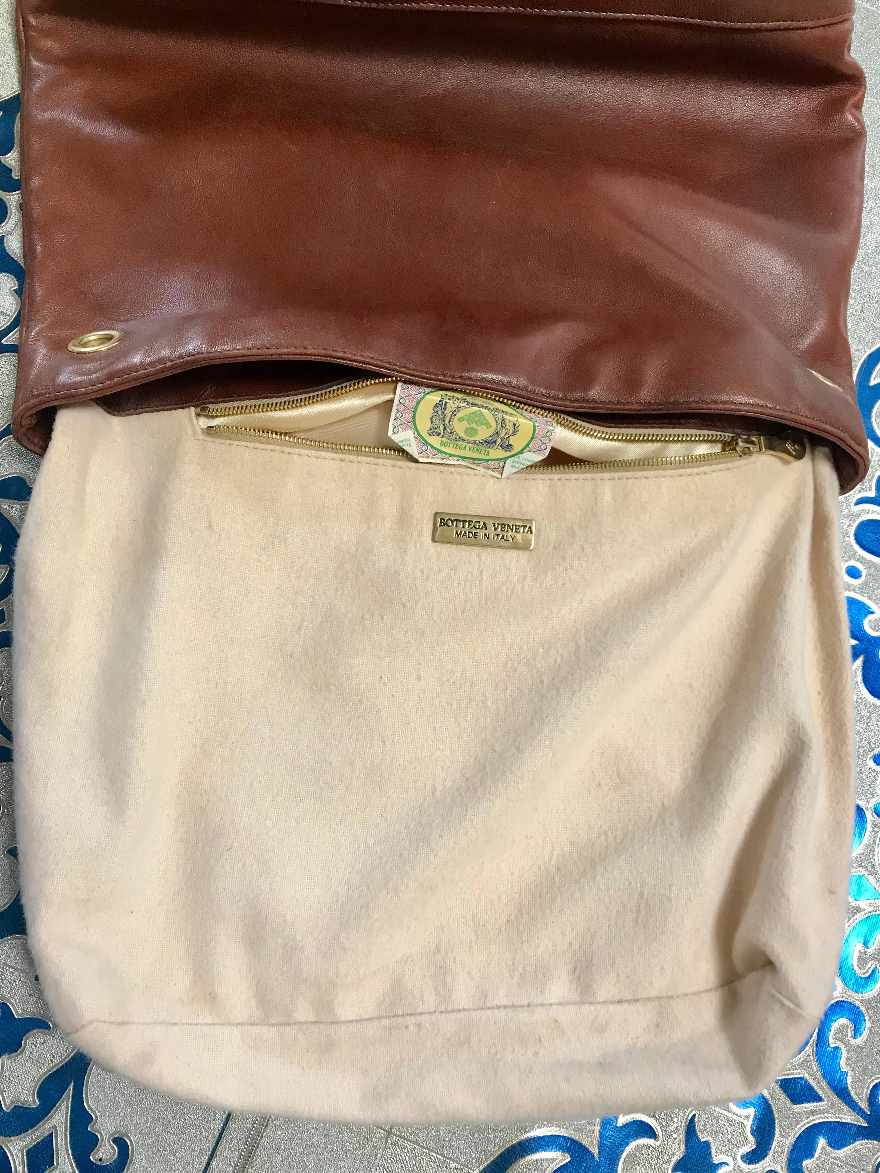 1990s. Vintage Bottega Veneta brown leather shoulder tote bag with logo embroidery. Claissic daily use bag.