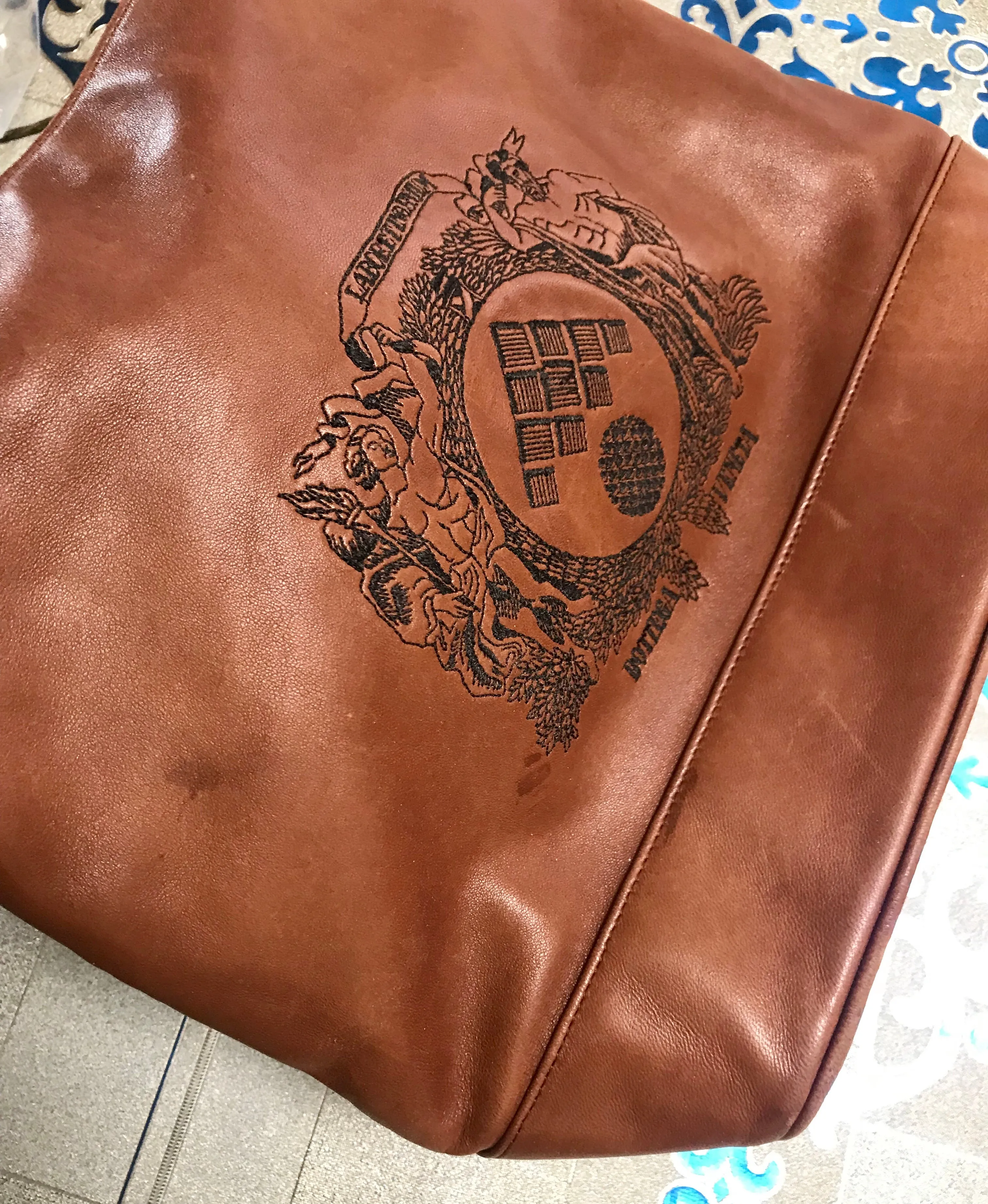 1990s. Vintage Bottega Veneta brown leather shoulder tote bag with logo embroidery. Claissic daily use bag.