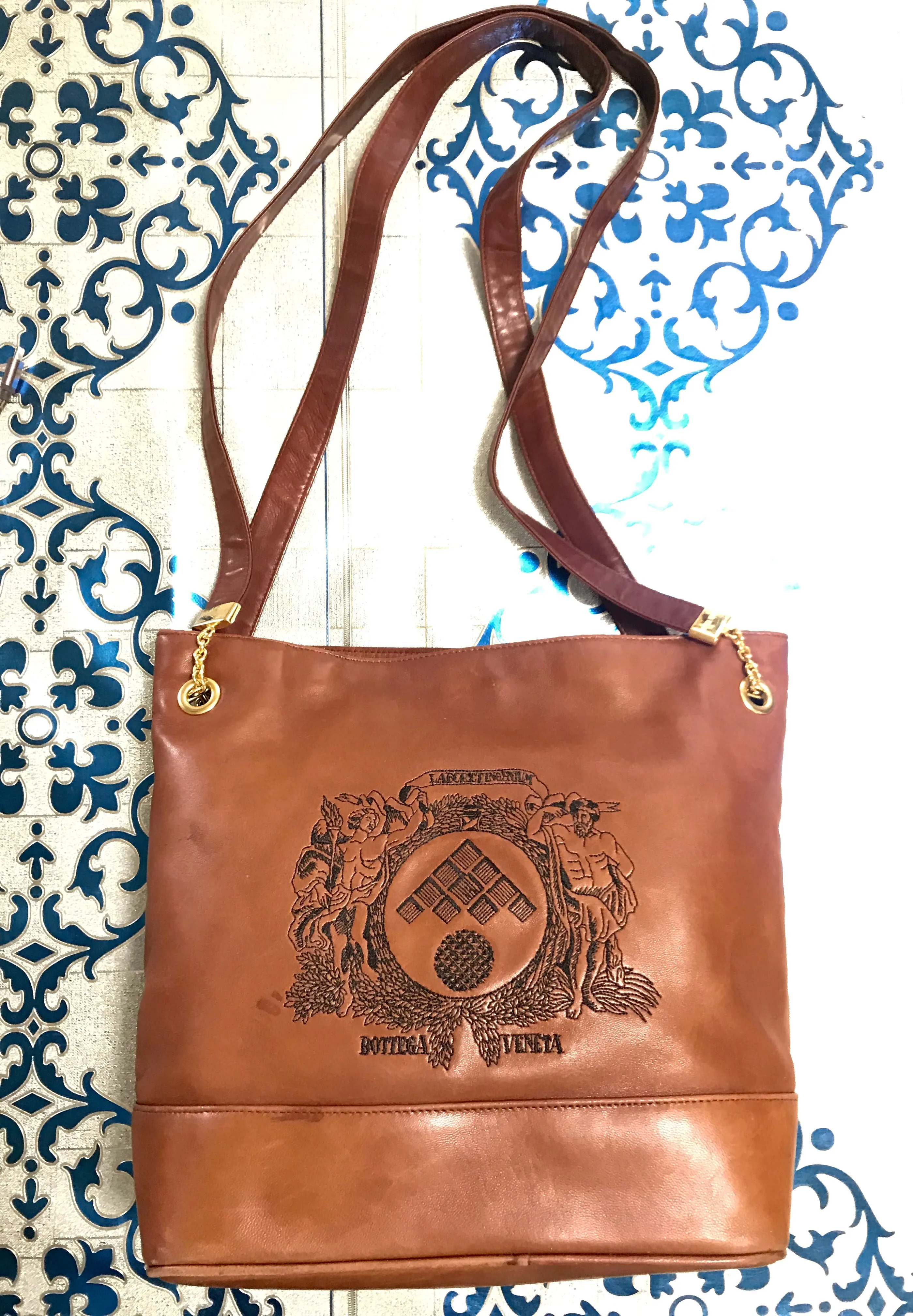 1990s. Vintage Bottega Veneta brown leather shoulder tote bag with logo embroidery. Claissic daily use bag.