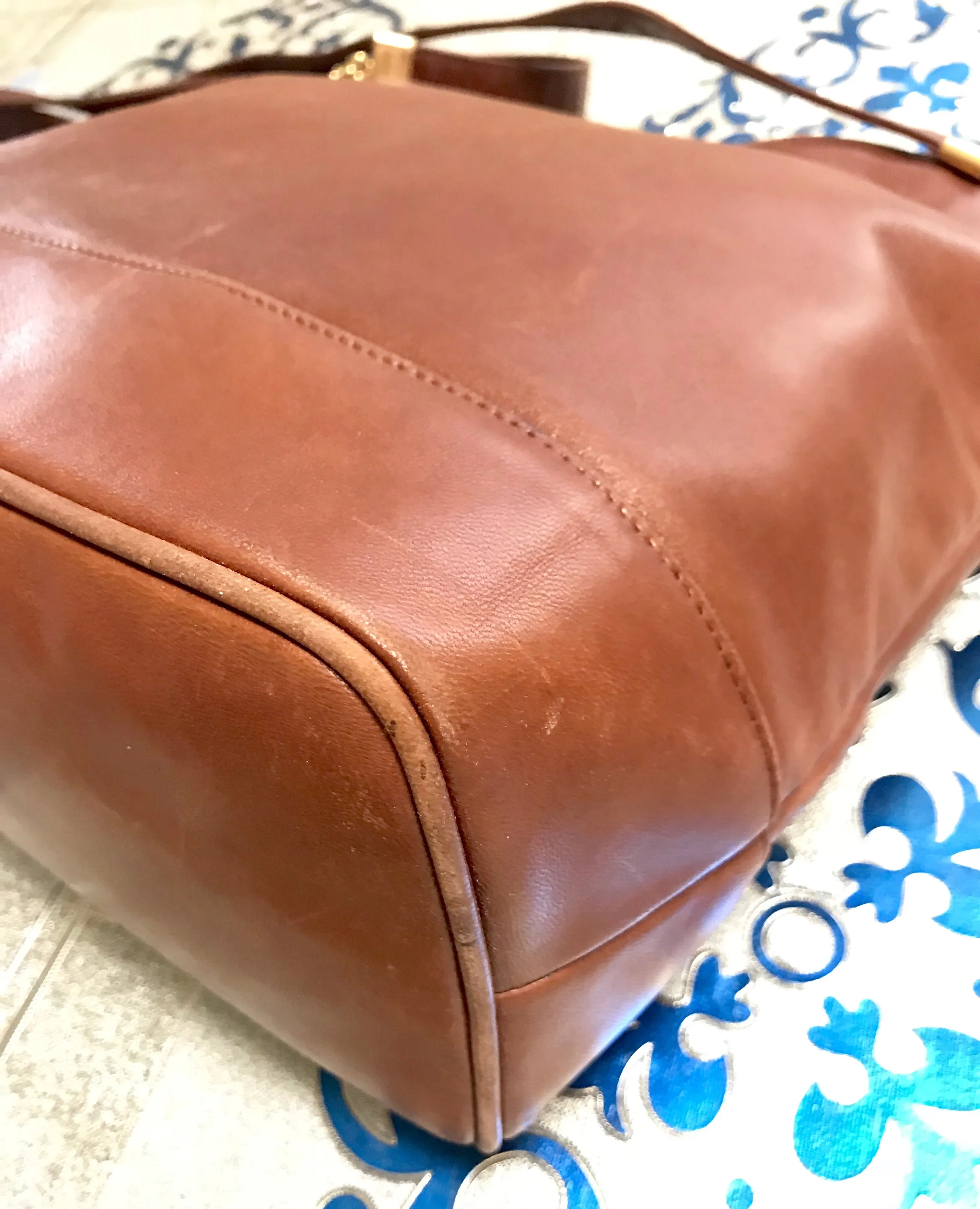 1990s. Vintage Bottega Veneta brown leather shoulder tote bag with logo embroidery. Claissic daily use bag.