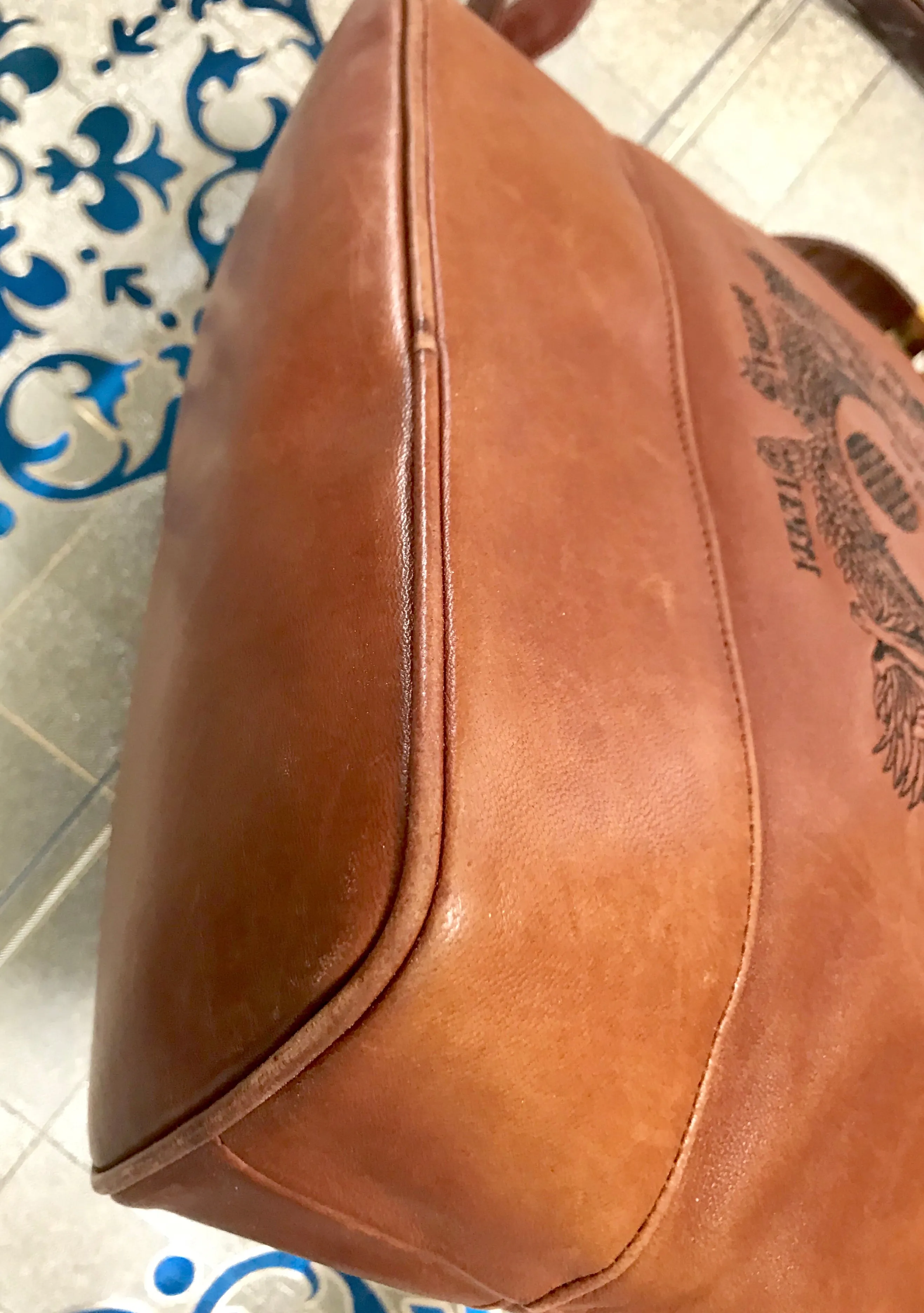 1990s. Vintage Bottega Veneta brown leather shoulder tote bag with logo embroidery. Claissic daily use bag.