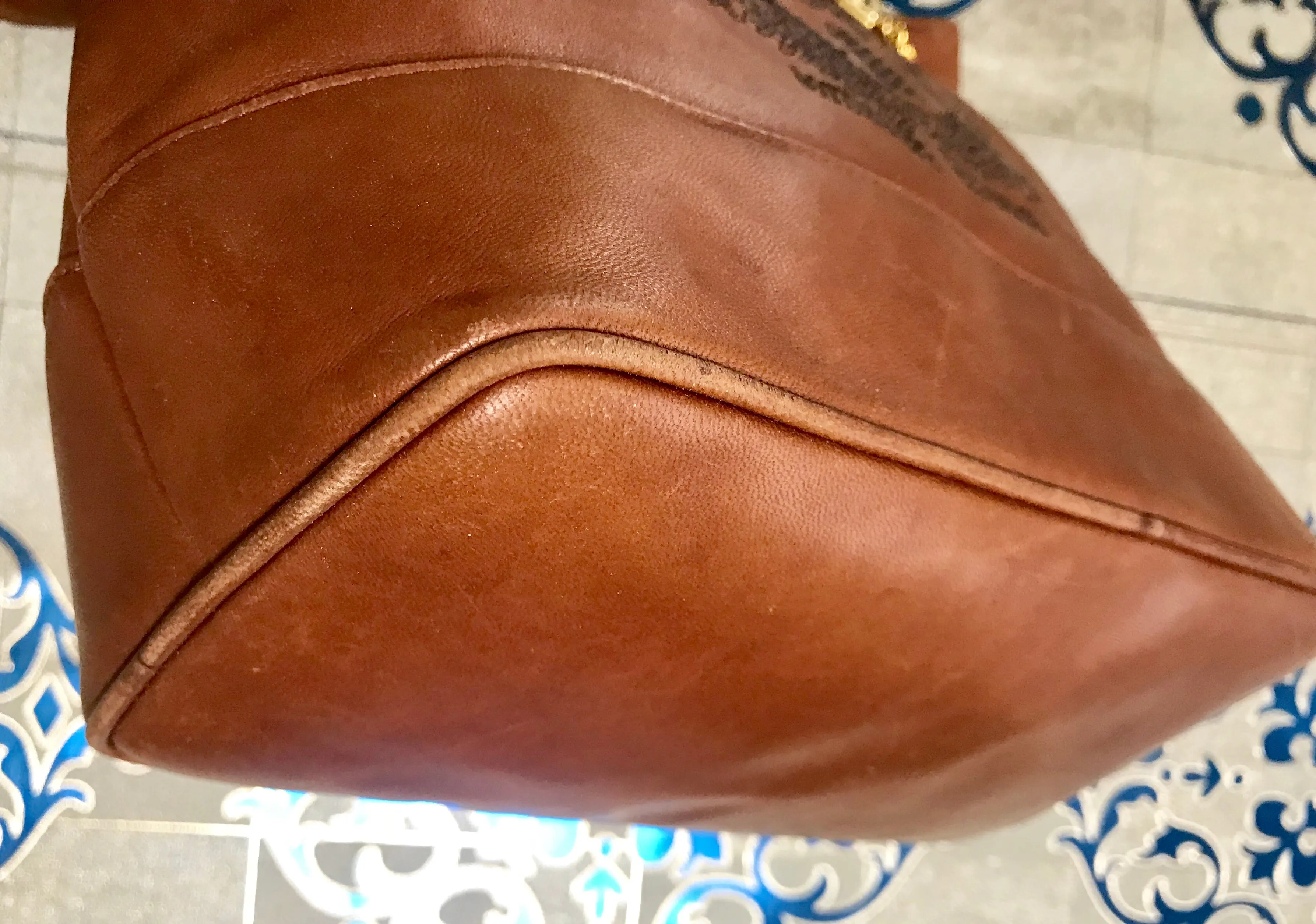 1990s. Vintage Bottega Veneta brown leather shoulder tote bag with logo embroidery. Claissic daily use bag.