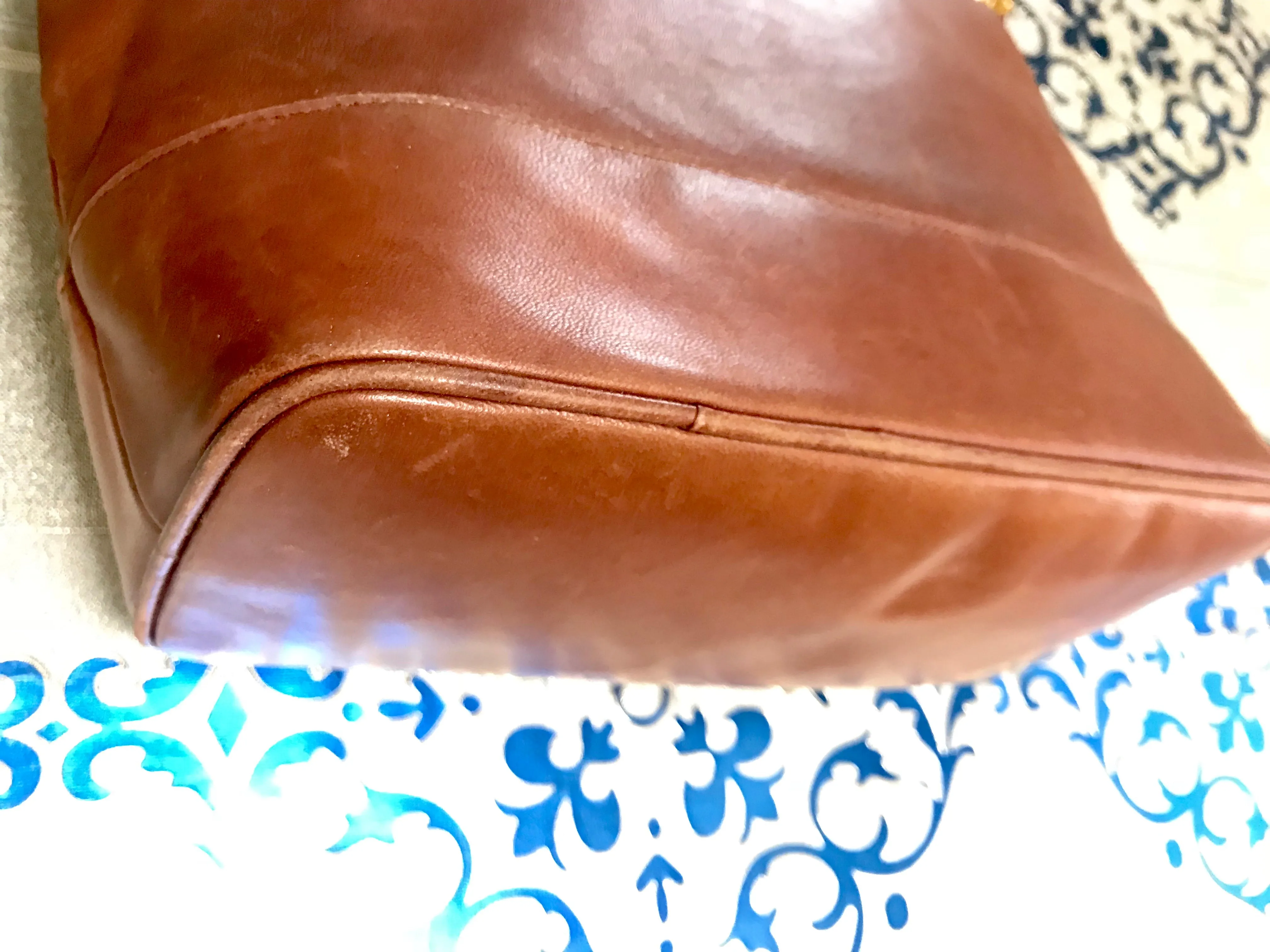 1990s. Vintage Bottega Veneta brown leather shoulder tote bag with logo embroidery. Claissic daily use bag.