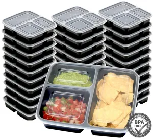 30 Value Pack - SimpleHouseware 3 Compartment Reusable Meal Prep Food Storage Container Lunch Boxes, Stackable and Dishwasher, Microwave, Freezer Safe (36 ounces)