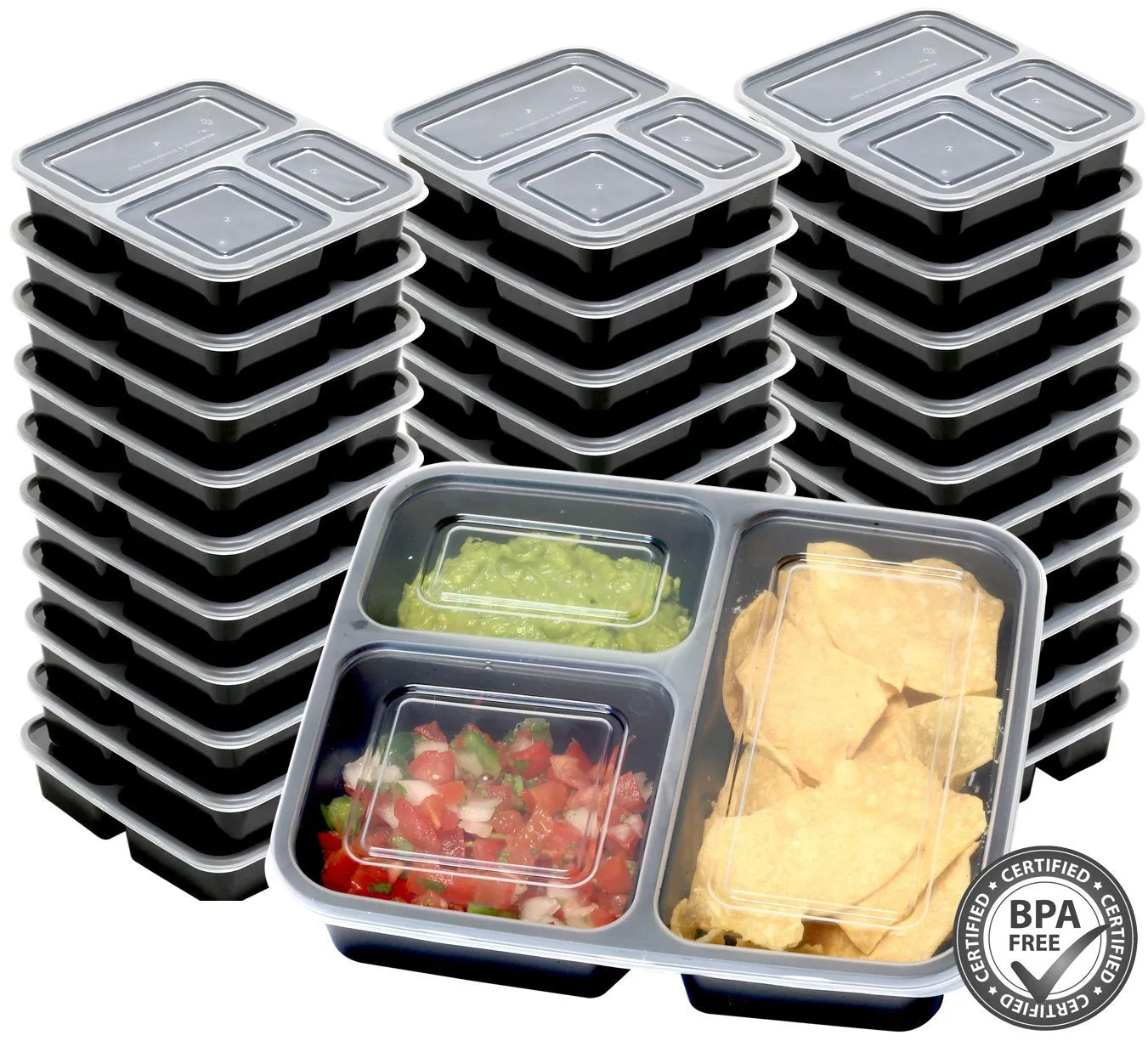 30 Value Pack - SimpleHouseware 3 Compartment Reusable Meal Prep Food Storage Container Lunch Boxes, Stackable and Dishwasher, Microwave, Freezer Safe (36 ounces)