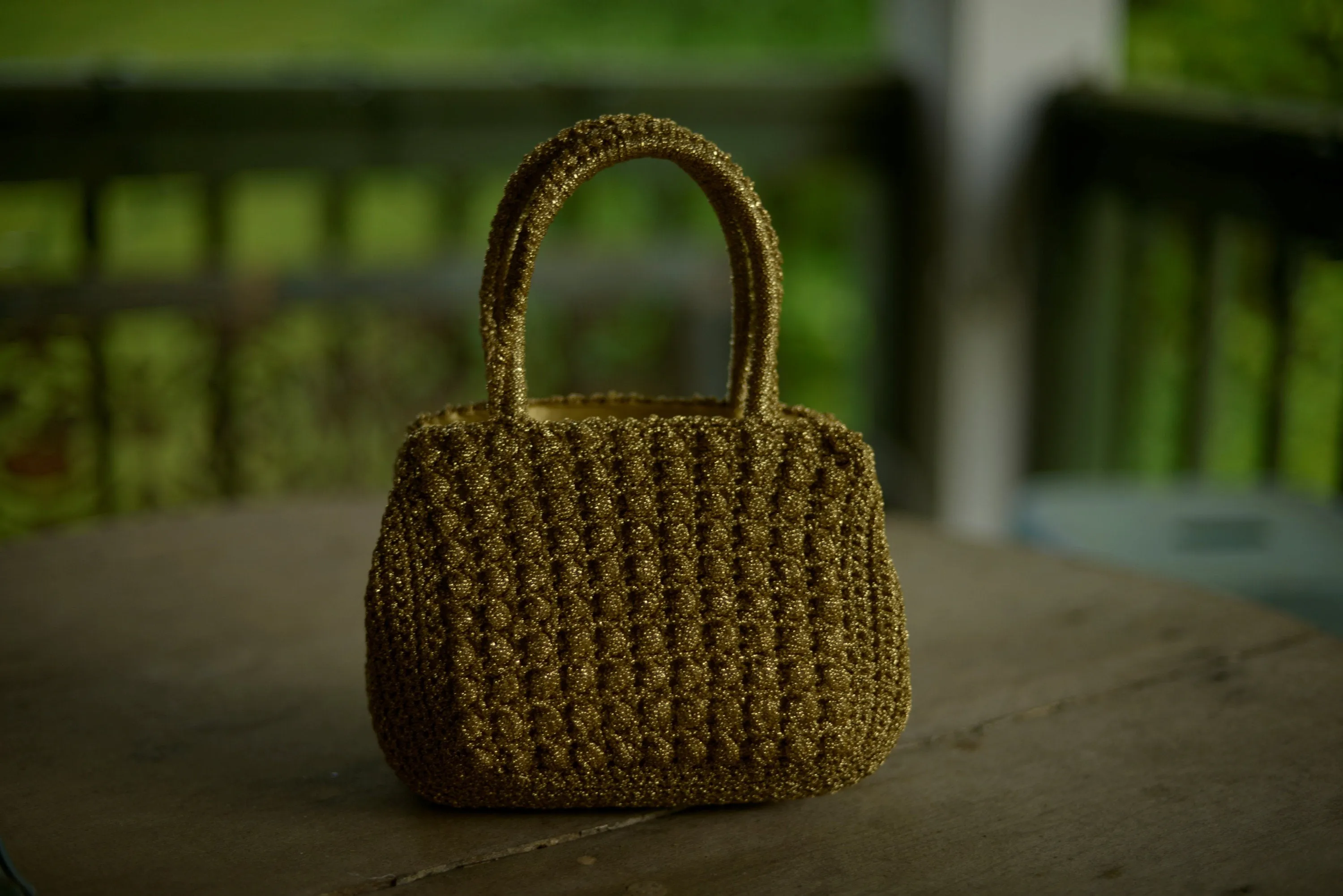 60s gold metallic macrame crochet top handle purse, handmade in Italy