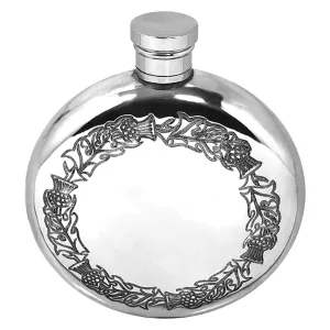 6oz Round Pewter Hip Flask with Thistle Design