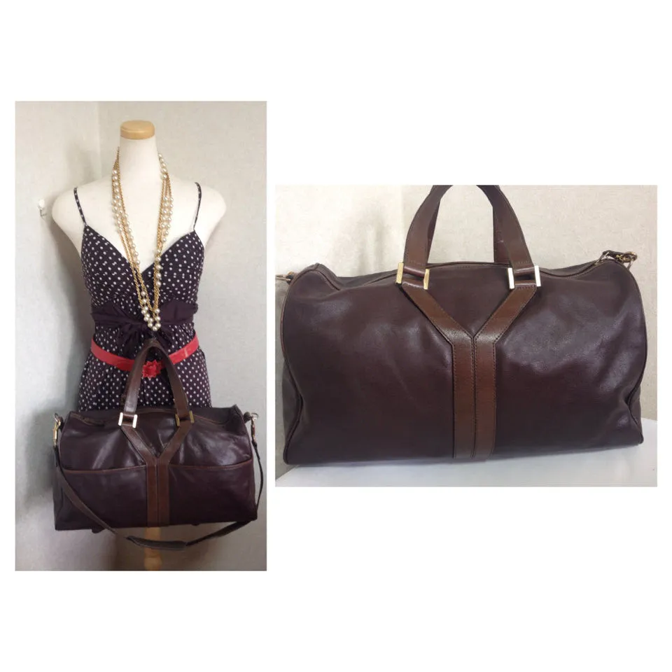 70's, 80's vintage Yves Saint Laurent genuine dark brown leather travel and daily use duffle bag. Classic unisex style YSL purse
