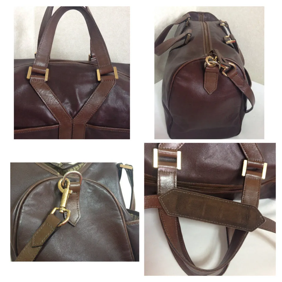 70's, 80's vintage Yves Saint Laurent genuine dark brown leather travel and daily use duffle bag. Classic unisex style YSL purse