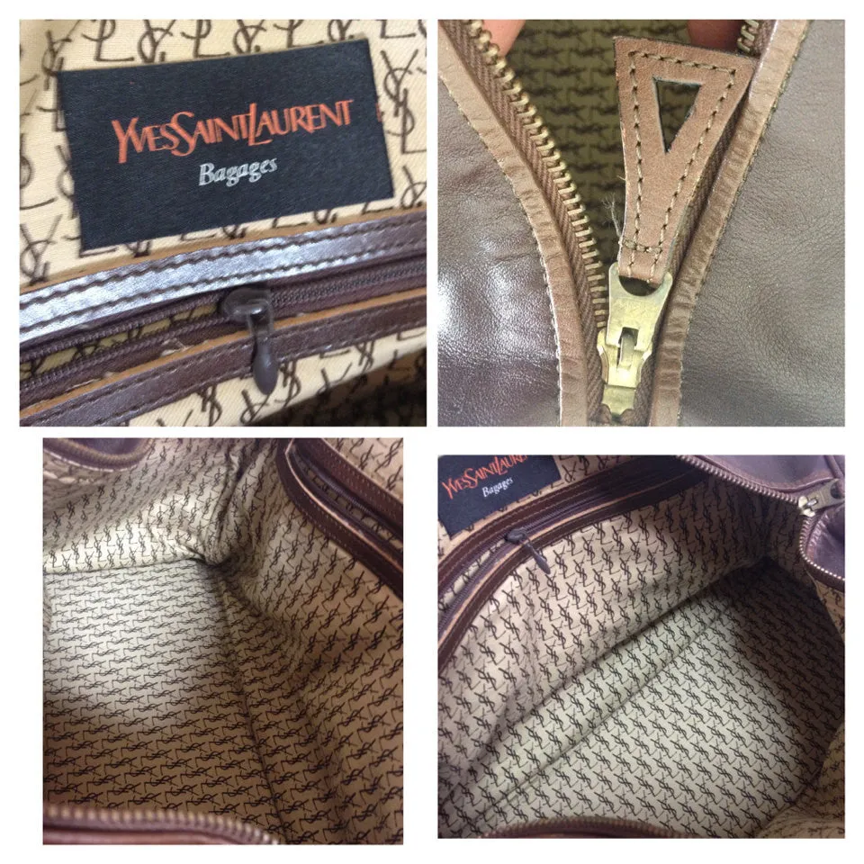 70's, 80's vintage Yves Saint Laurent genuine dark brown leather travel and daily use duffle bag. Classic unisex style YSL purse