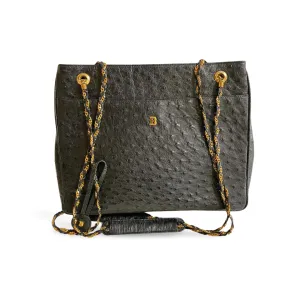 80's vintage BALLY, genuine black ostrich leather chain shoulder bag with golden logo. Classic purse made in West Germany.  051003ya1