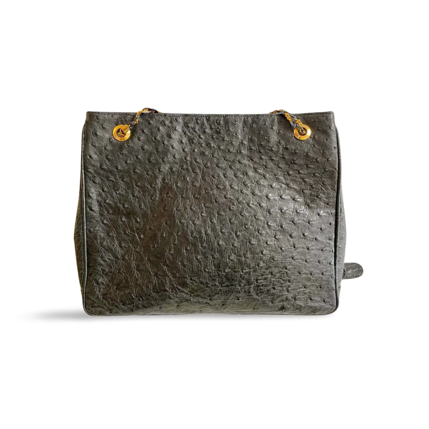 80's vintage BALLY, genuine black ostrich leather chain shoulder bag with golden logo. Classic purse made in West Germany.  051003ya1