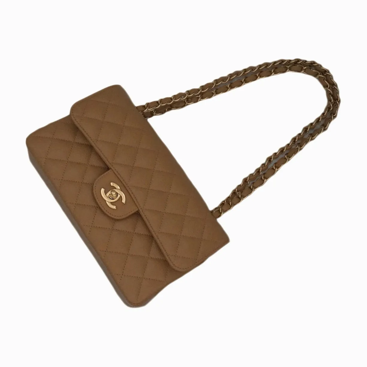 Authentic Chanel Tan Caviar 2.55 9” Double Flapover