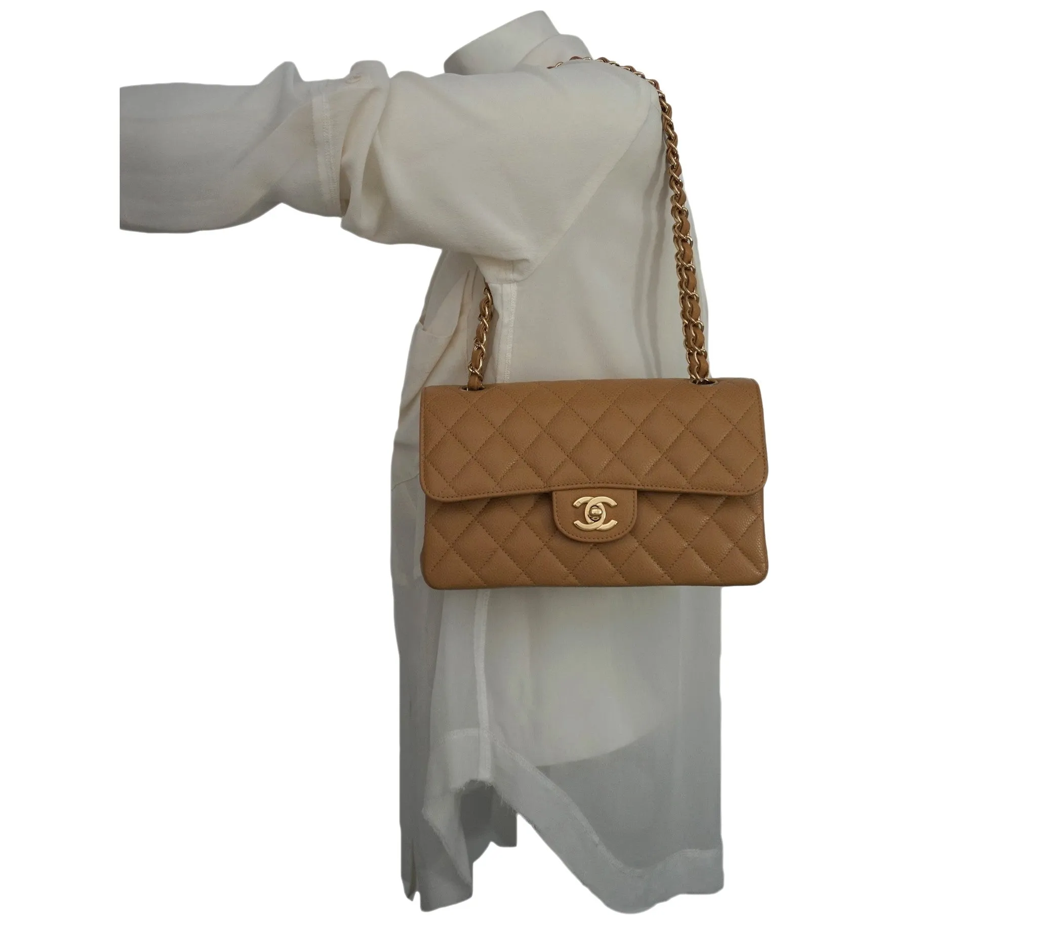 Authentic Chanel Tan Caviar 2.55 9” Double Flapover