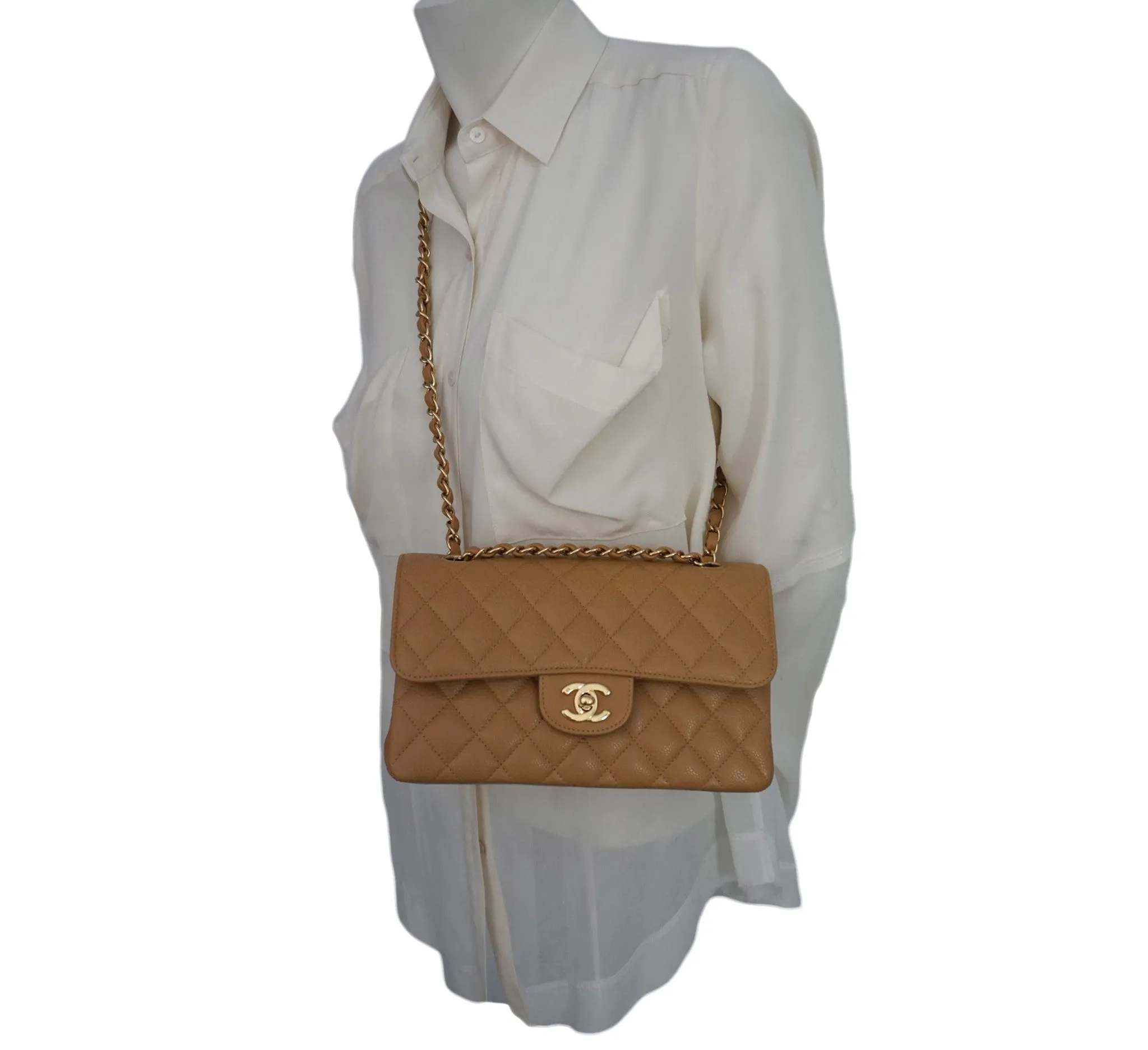 Authentic Chanel Tan Caviar 2.55 9” Double Flapover