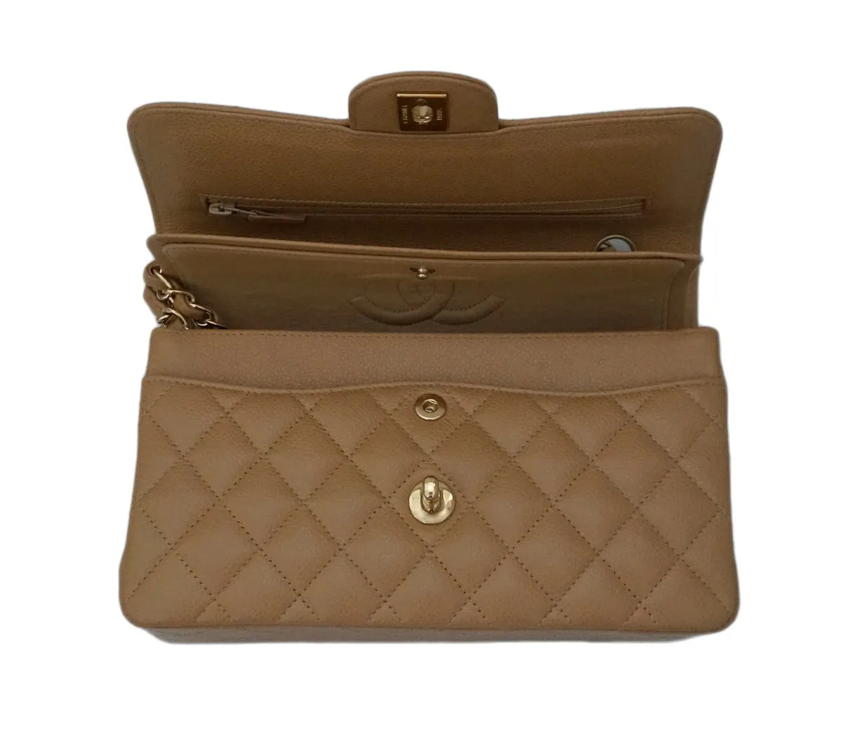 Authentic Chanel Tan Caviar 2.55 9” Double Flapover