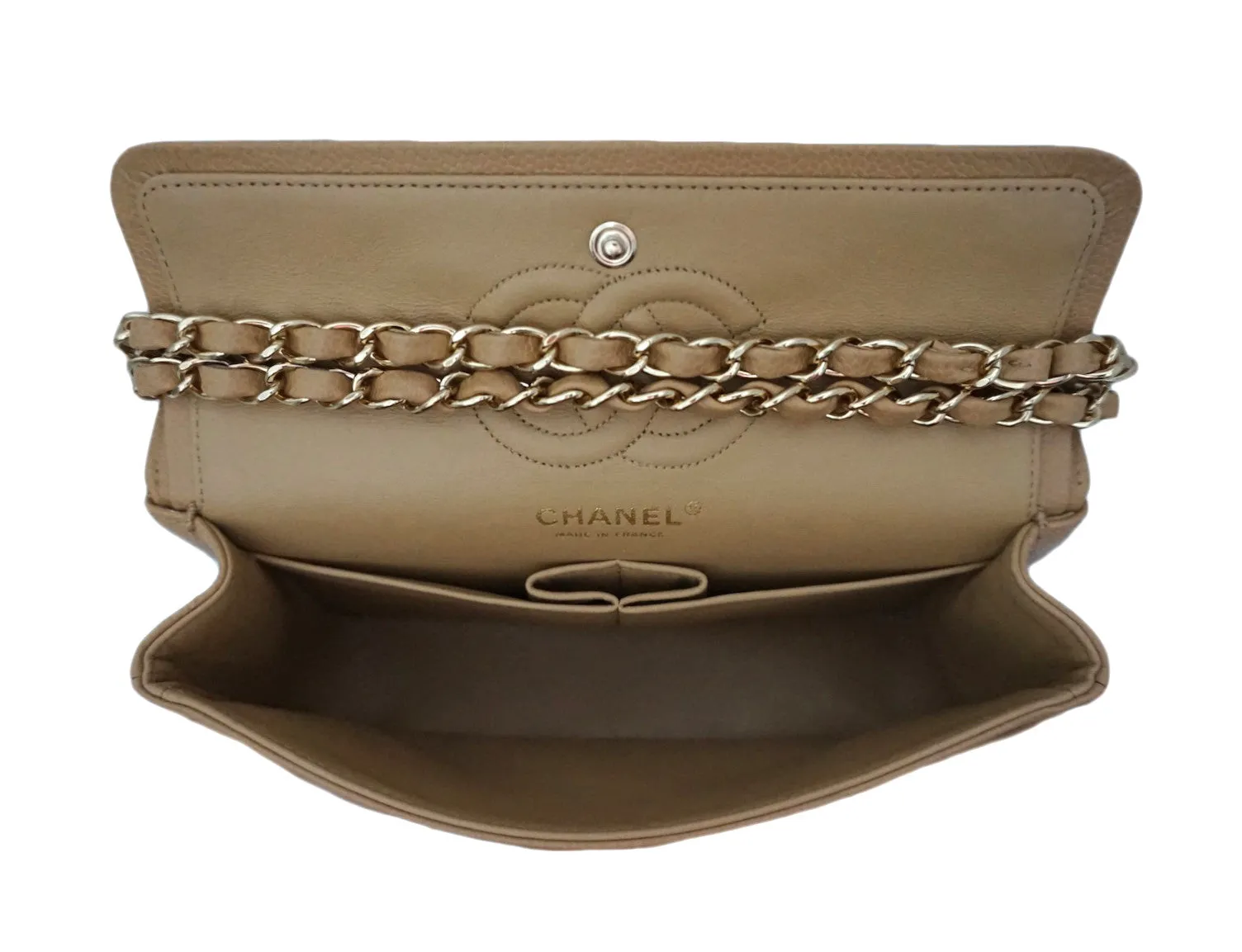 Authentic Chanel Tan Caviar 2.55 9” Double Flapover
