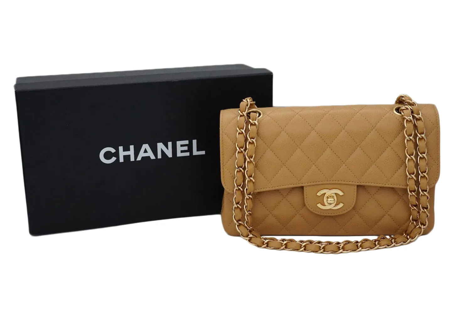 Authentic Chanel Tan Caviar 2.55 9” Double Flapover